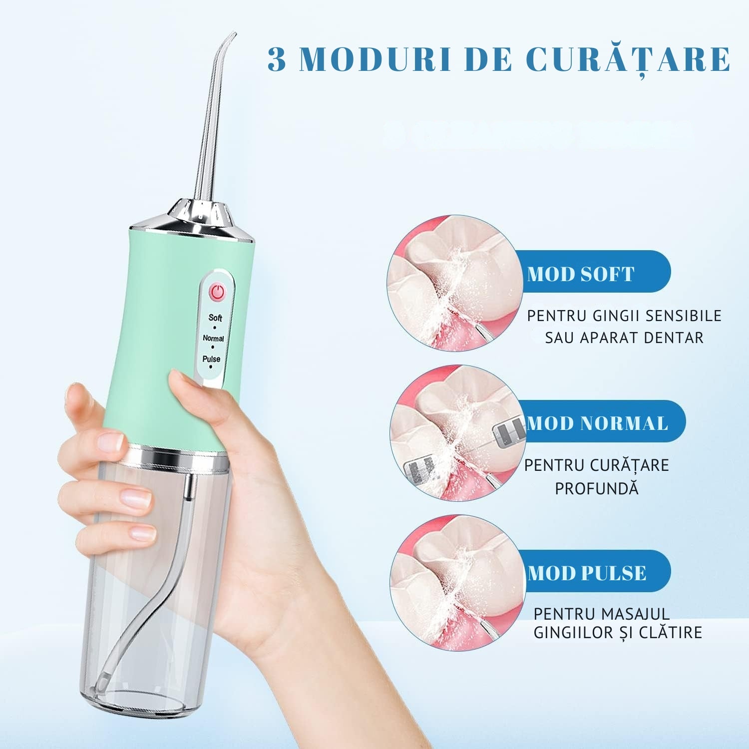 Irigator Bucal Portabil cu 4 Capete și 3 Moduri de Curățare