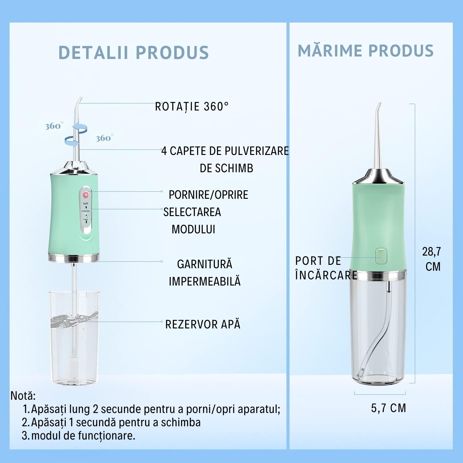 Irigator Bucal Portabil cu 4 Capete și 3 Moduri de Curățare