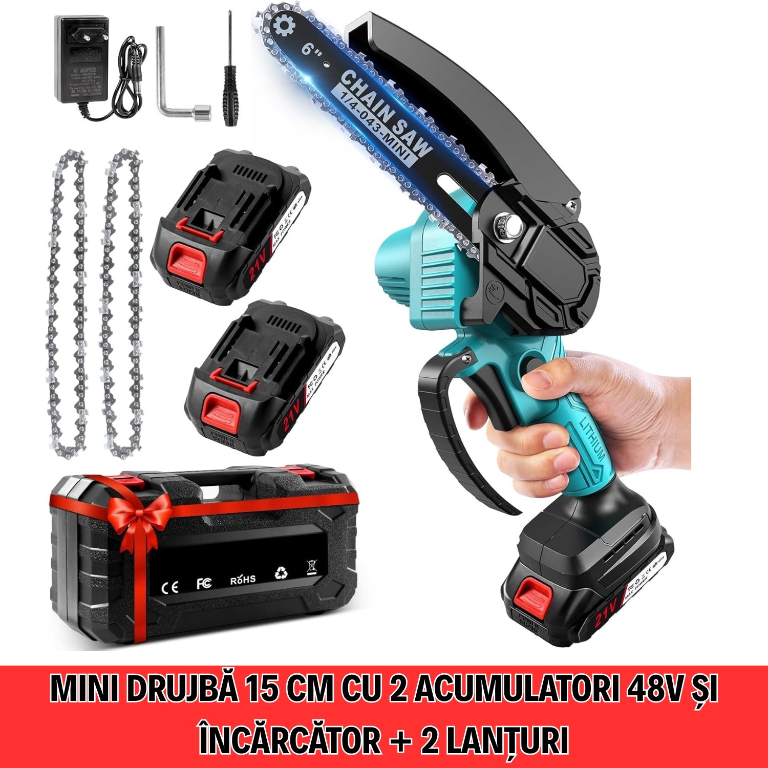 Mini Drujbă Cu Lamă DE 15 CM, 2 Acumulatori 48V și Încărcător + 2 Lanțuri CADOU!!! OKBOONS