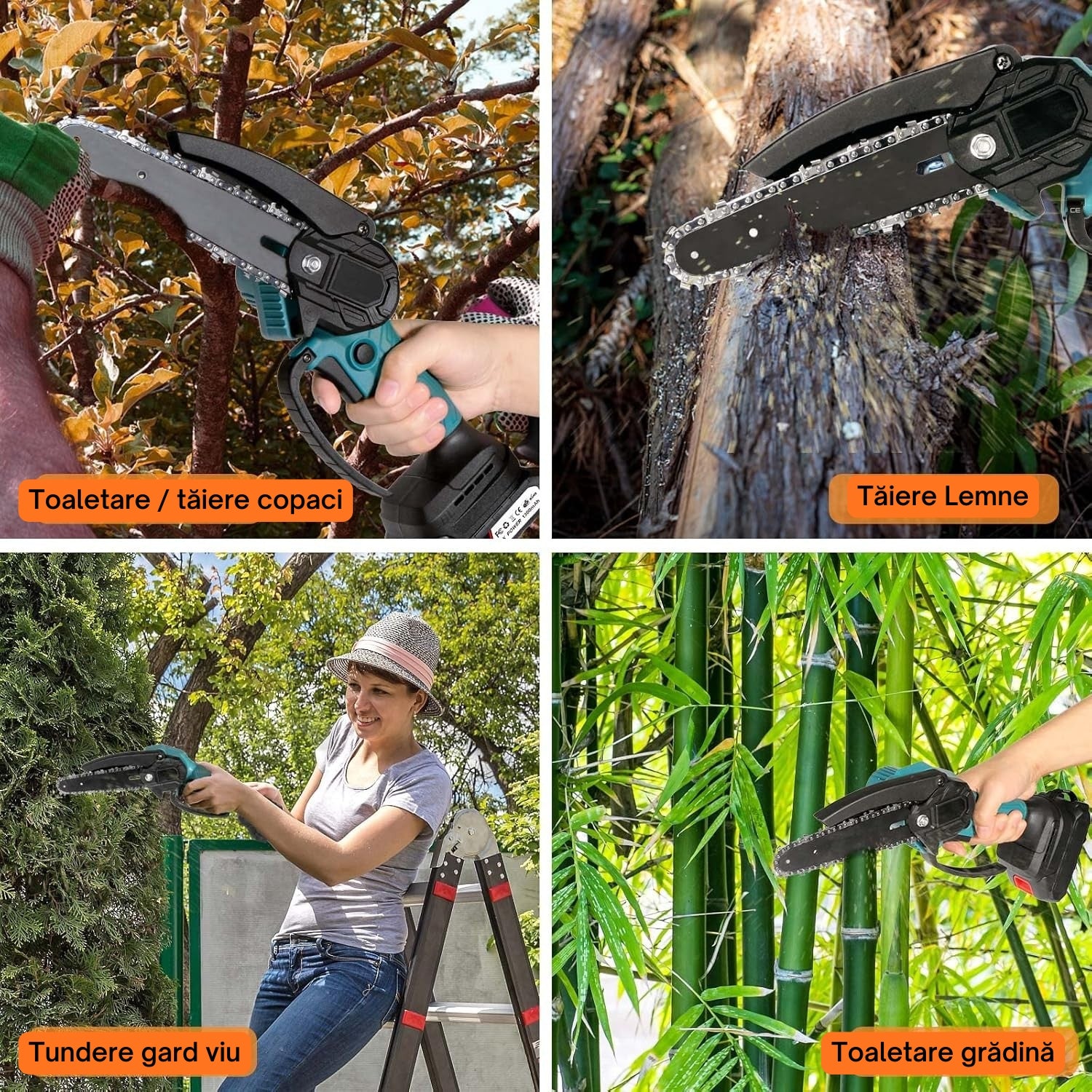 Mini Drujbă Cu Lamă DE 15 CM, 2 Acumulatori 48V și Încărcător + 2 Lanțuri CADOU!!! OKBOONS