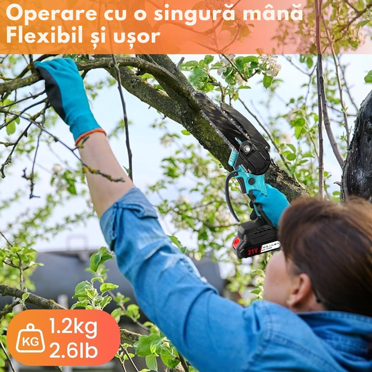 Mini Drujbă Cu Lamă DE 15 CM, 2 Acumulatori 48V și Încărcător + 2 Lanțuri CADOU!!! OKBOONS