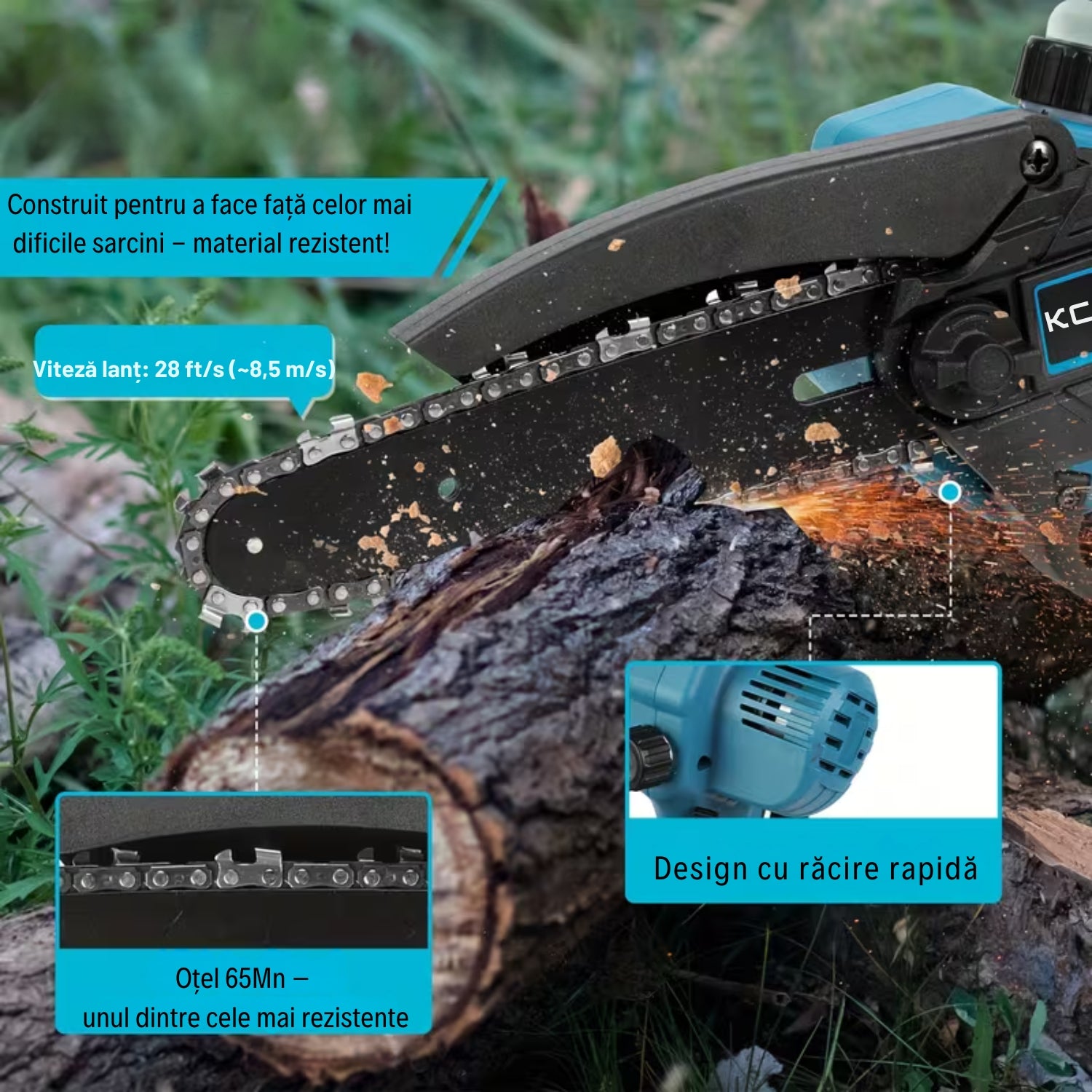 Mini Drujbă Cu Lamă DE 15 CM, 2 Acumulatori 48V și Încărcător + 2 Lanțuri CADOU!!! OKBOONS