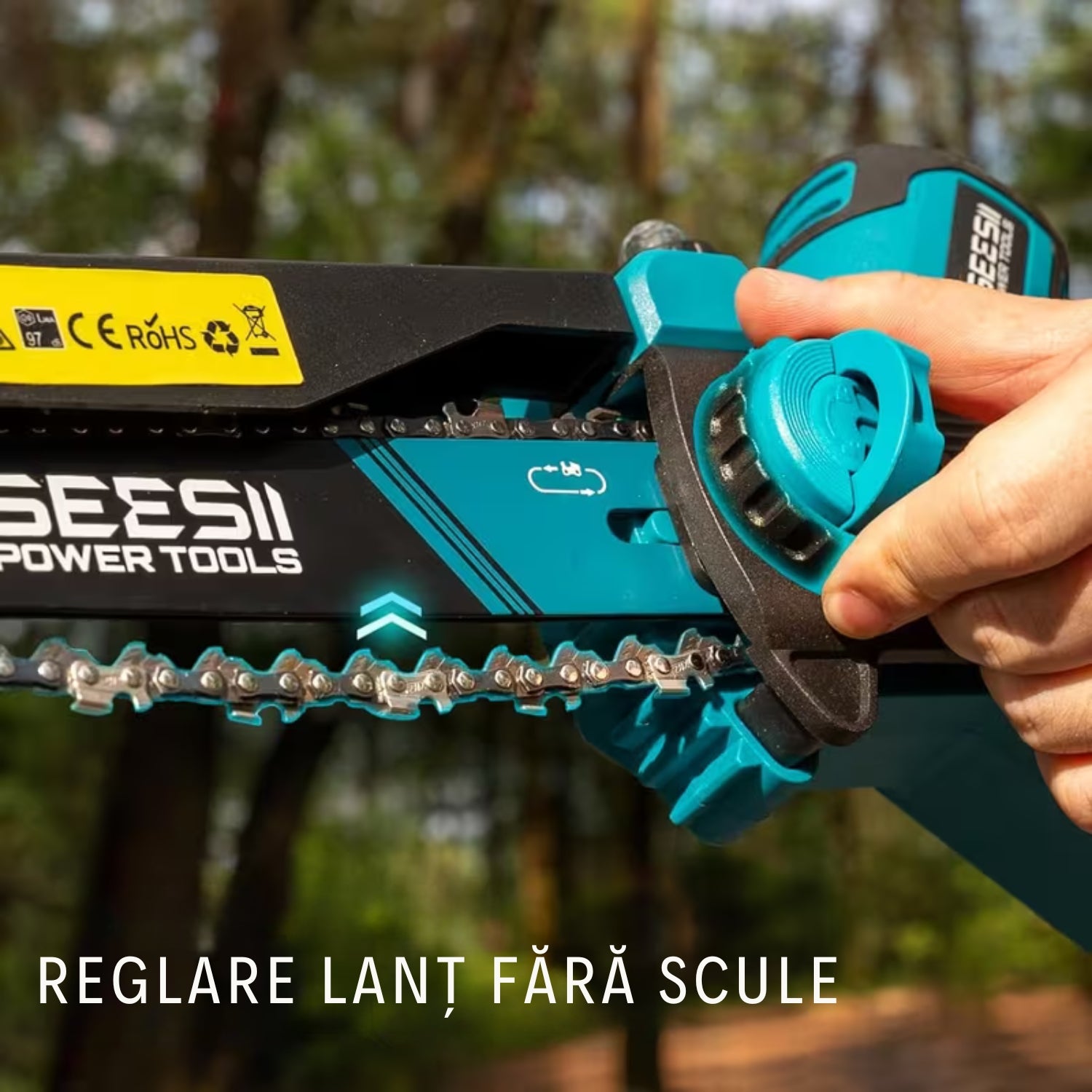 Mini Drujbă Cu Lamă DE 15 CM, 2 Acumulatori 48V și Încărcător + 2 Lanțuri CADOU!!! OKBOONS