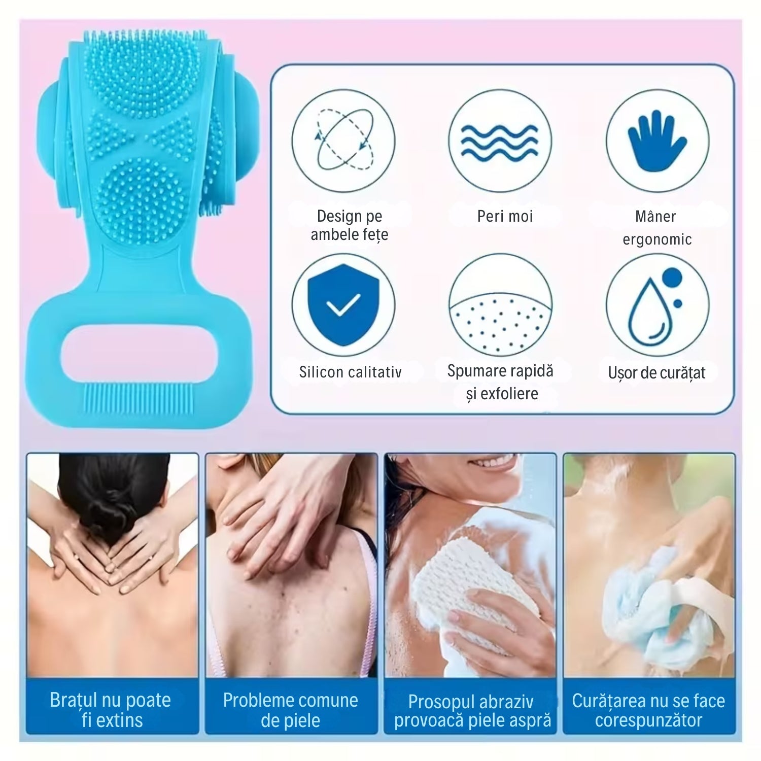 1+1 GRATIS! Perie pentru Spate din Silicon cu Două Fețe - Exfoliere și curățare delicată