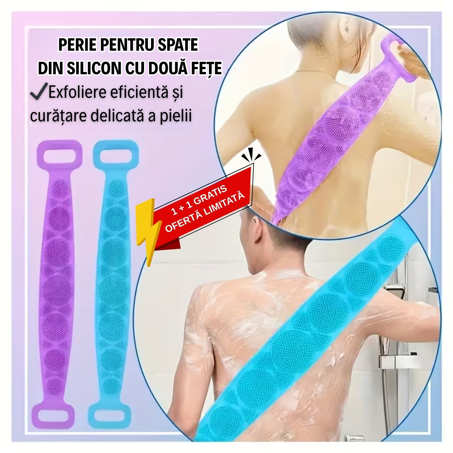 1+1 GRATIS! Perie pentru Spate din Silicon cu Două Fețe - Exfoliere și curățare delicată
