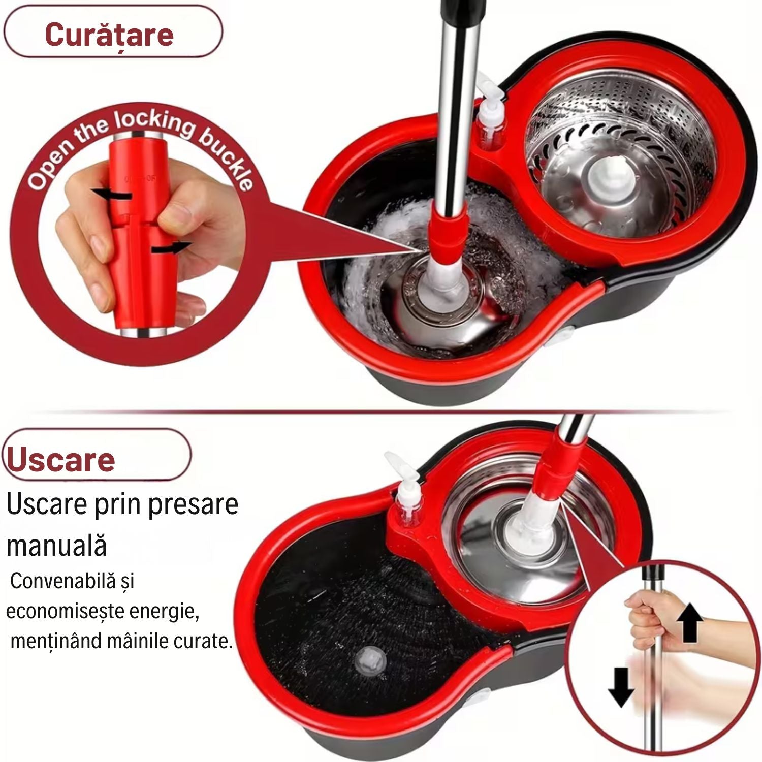 Set Mop Rotativ și Găleată cu Sistem de Stoarcere și Curățare, Găleată Rotativă, Mâner Reglabil + 5 Rezerve CADOU