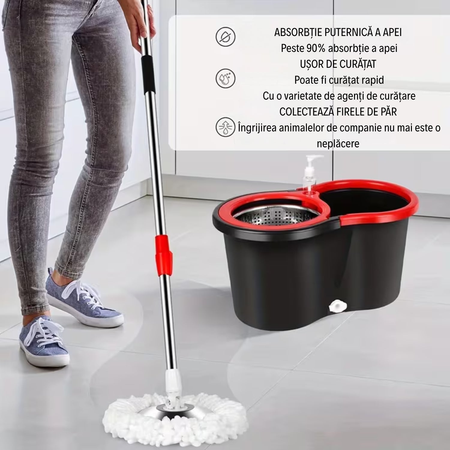 Set Mop Rotativ și Găleată cu Sistem de Stoarcere și Curățare, Găleată Rotativă, Mâner Reglabil + 5 Rezerve CADOU