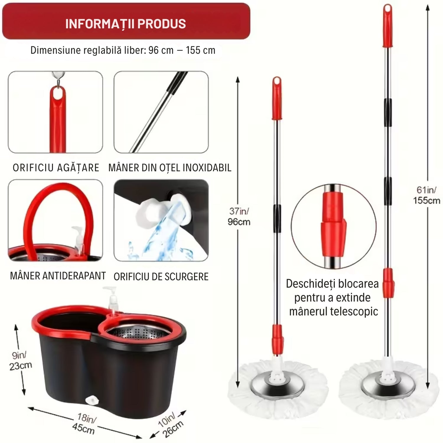 Set Mop Rotativ și Găleată cu Sistem de Stoarcere și Curățare, Găleată Rotativă, Mâner Reglabil + 5 Rezerve CADOU