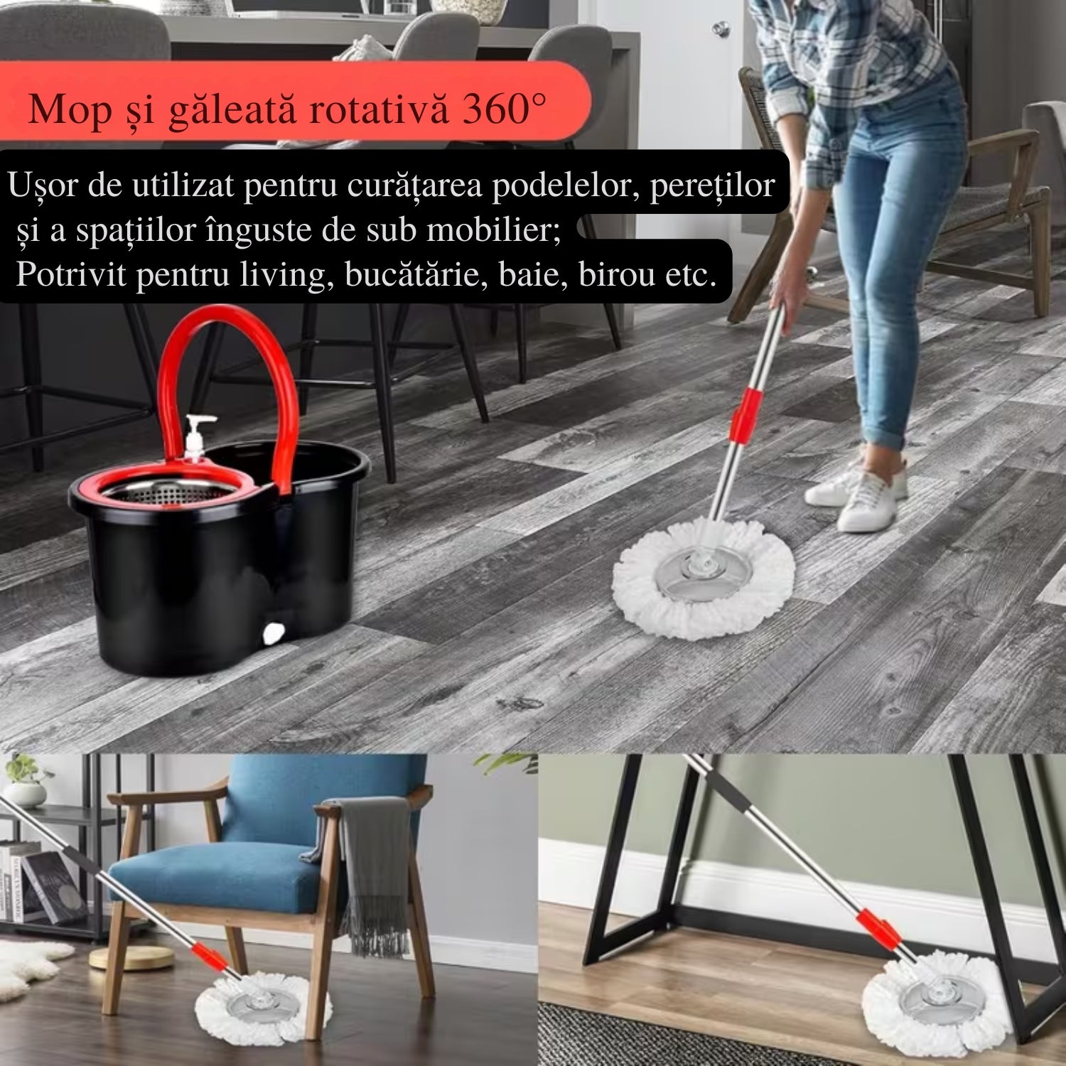 Set Mop Rotativ și Găleată cu Sistem de Stoarcere și Curățare, Găleată Rotativă, Mâner Reglabil + 5 Rezerve CADOU
