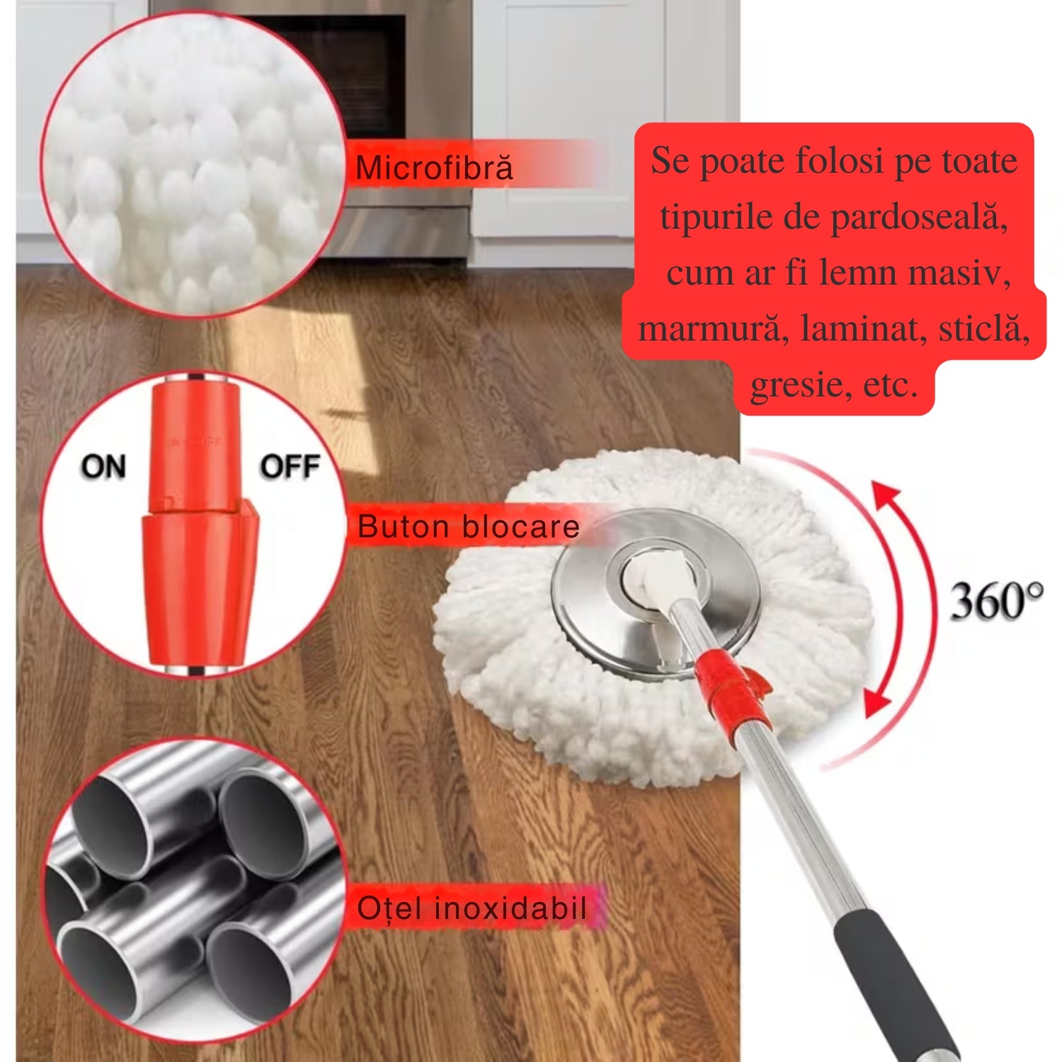 Set Mop Rotativ și Găleată cu Sistem de Stoarcere și Curățare, Găleată Rotativă, Mâner Reglabil + 5 Rezerve CADOU