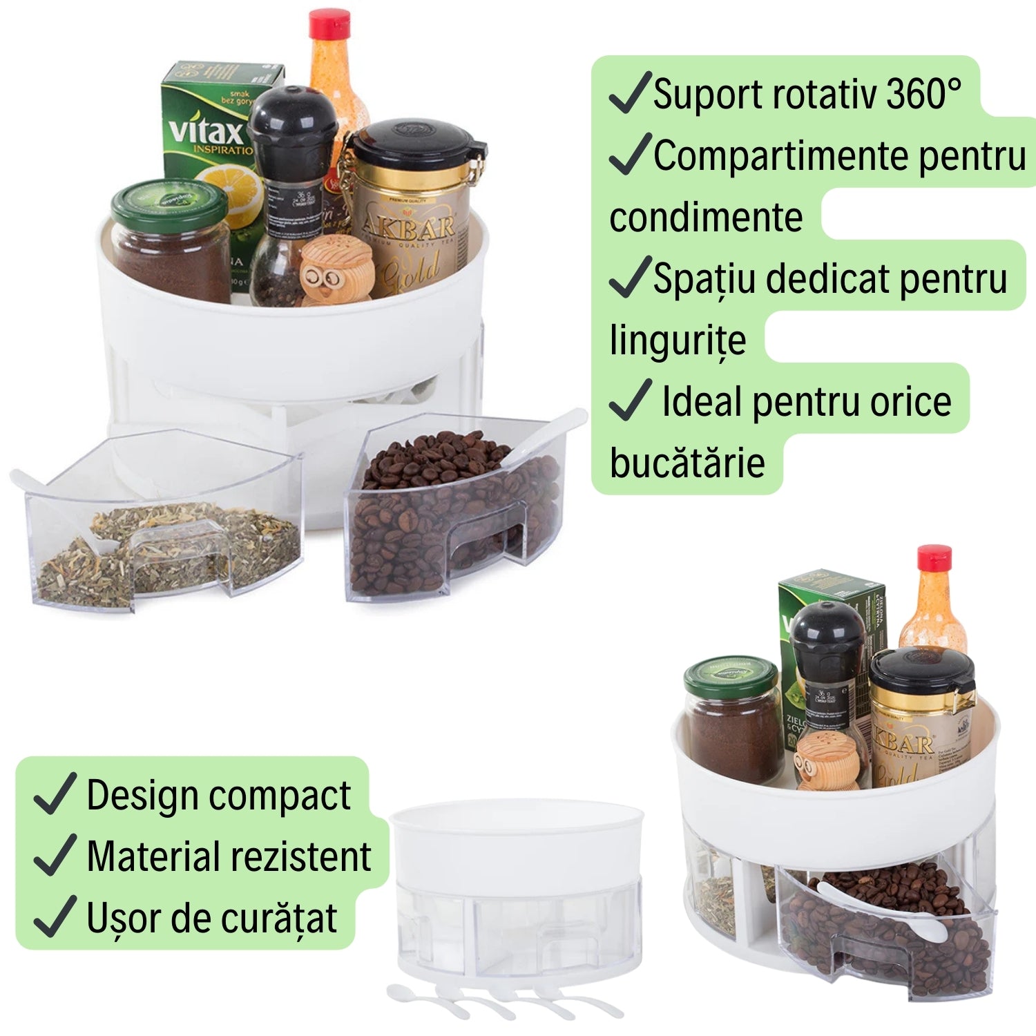 Organizator Rotativ pentru Bucătărie cu Sertare de Condimente și 4 Lingurițe + CADOU SURPRIZĂ