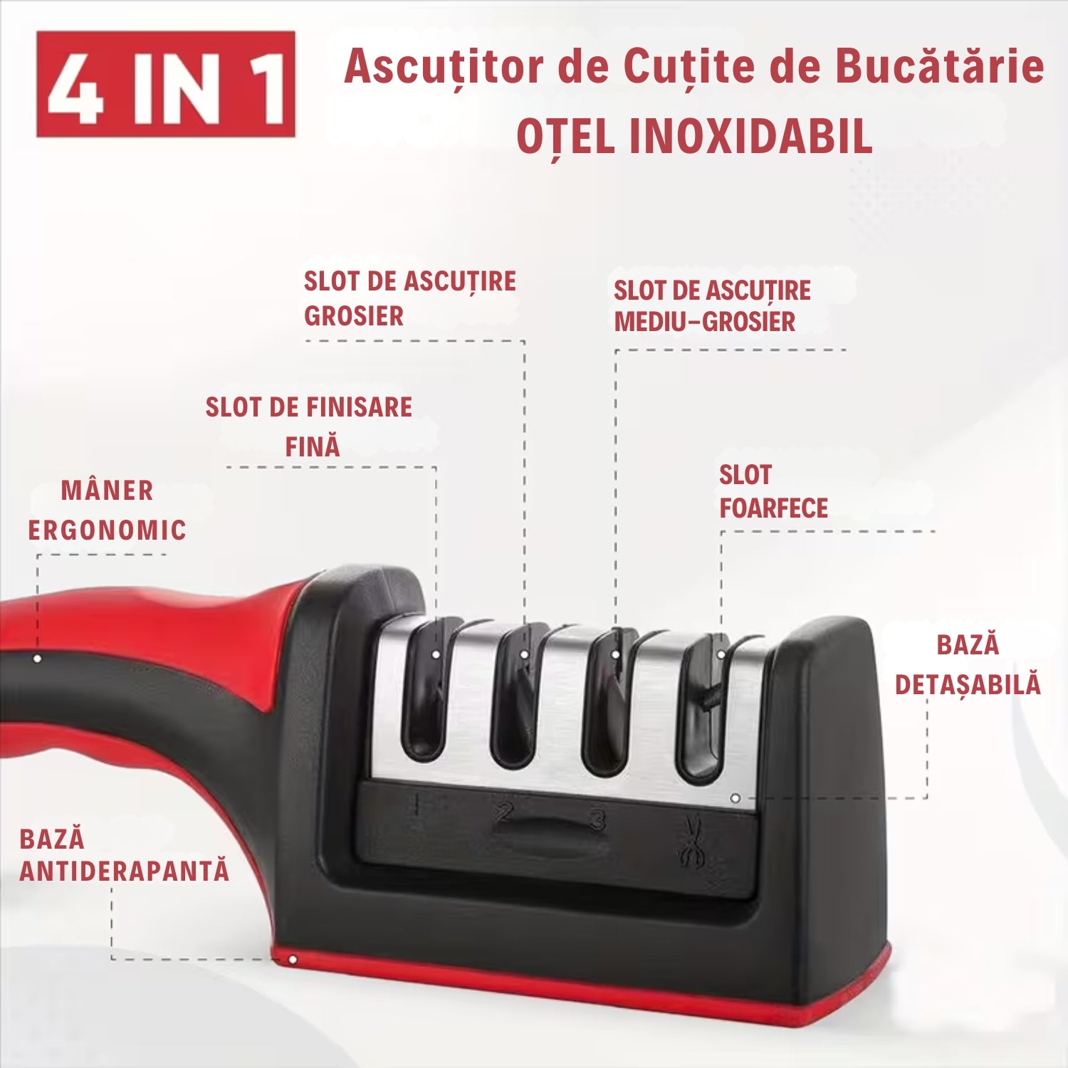 1+1 GRATIS! Ascuțitor din Oțel Inoxidabil de Cuțite 4-ÎN-1