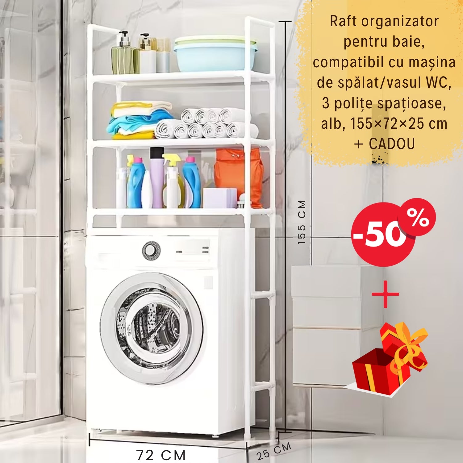Raft Organizator pentru Baie, Compatibil cu Mașina de Spălat/Vasul WC, 3 Polițe Spațioase + CADOU SURPRIZĂ