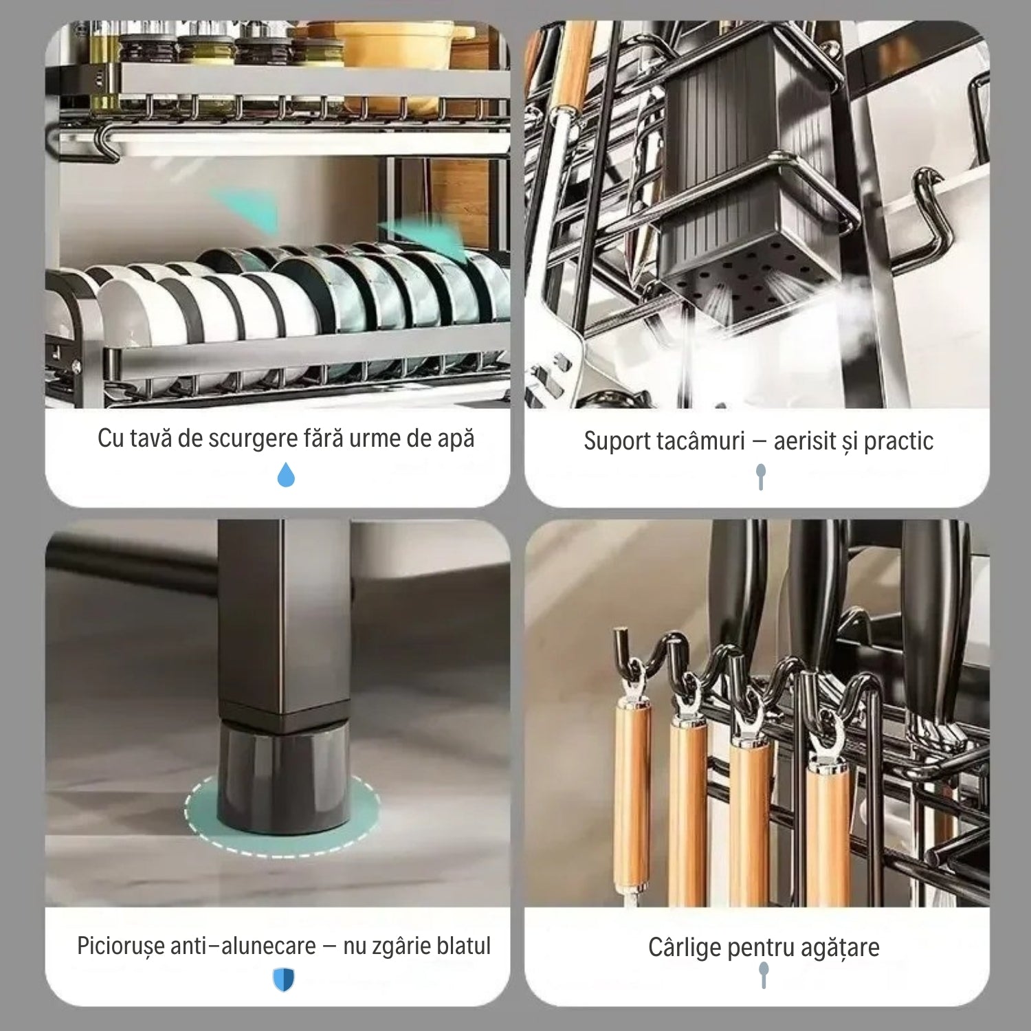 Scurgător Vase cu 2 Niveluri și Suport pentru Tocător și Tacâmuri