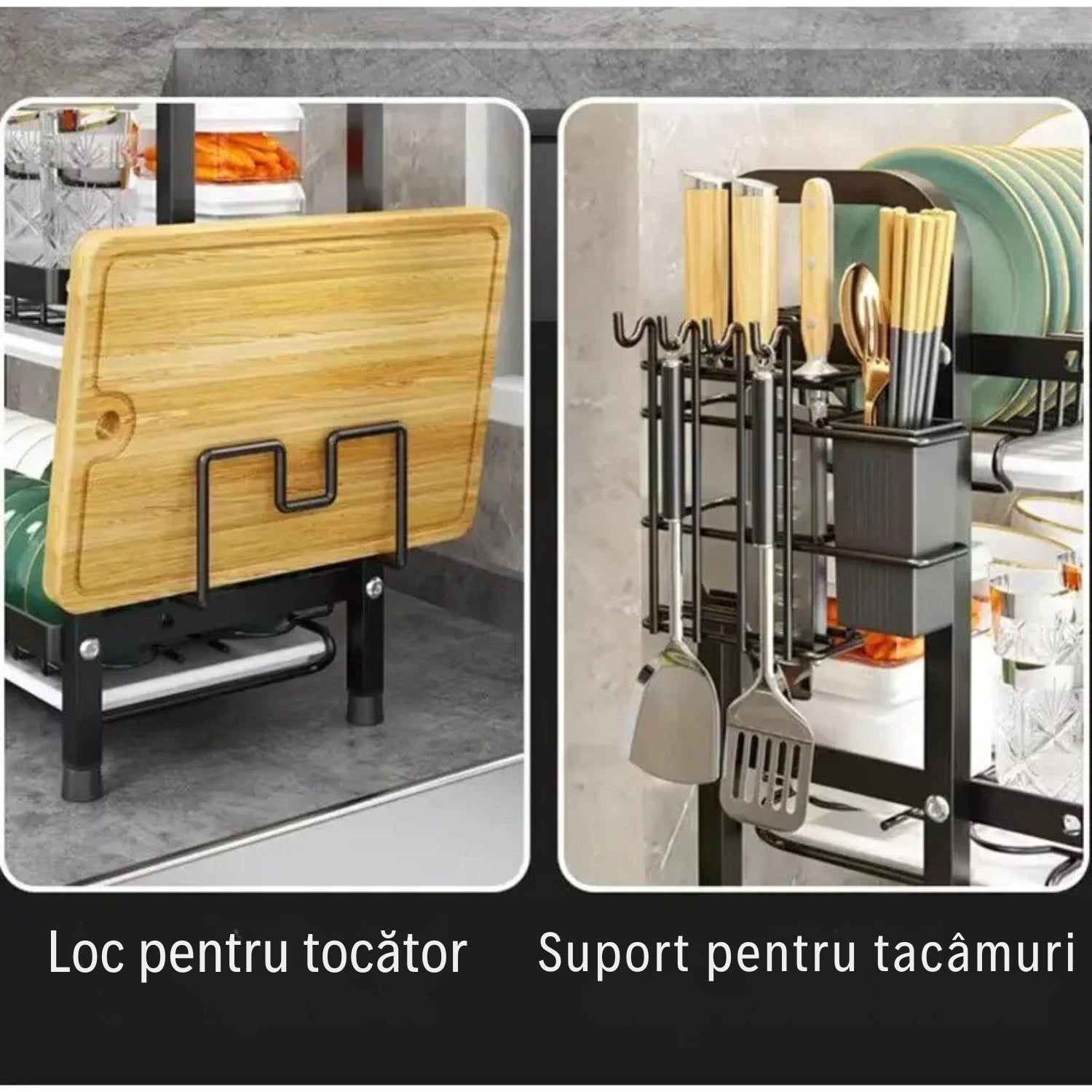 Scurgător Vase cu 2 Niveluri și Suport pentru Tocător și Tacâmuri