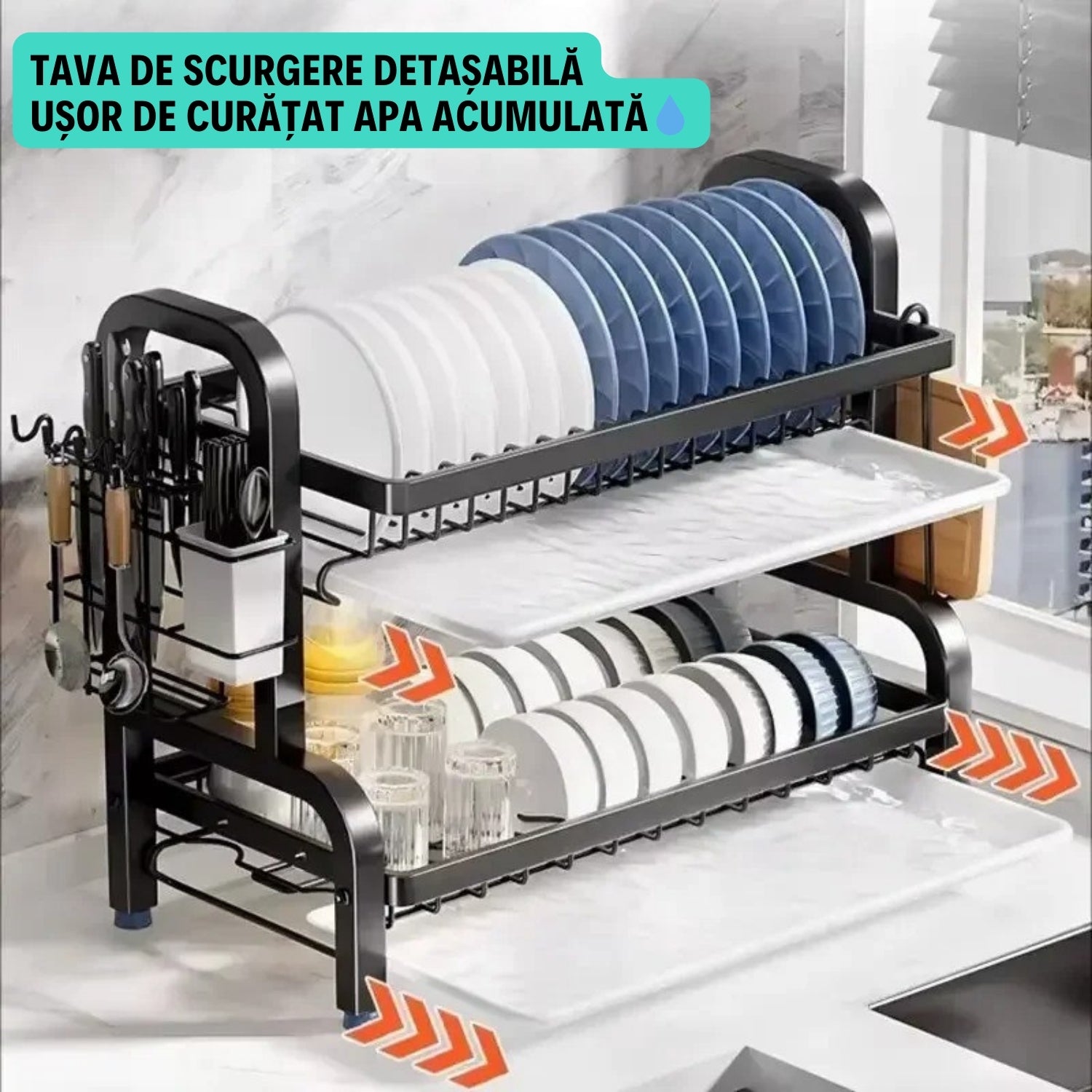 Scurgător Vase cu 2 Niveluri și Suport pentru Tocător și Tacâmuri