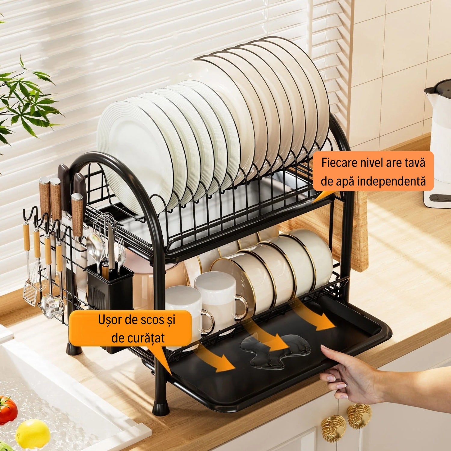 Scurgător Vase cu 2 Niveluri și Suport pentru Tocător și Tacâmuri