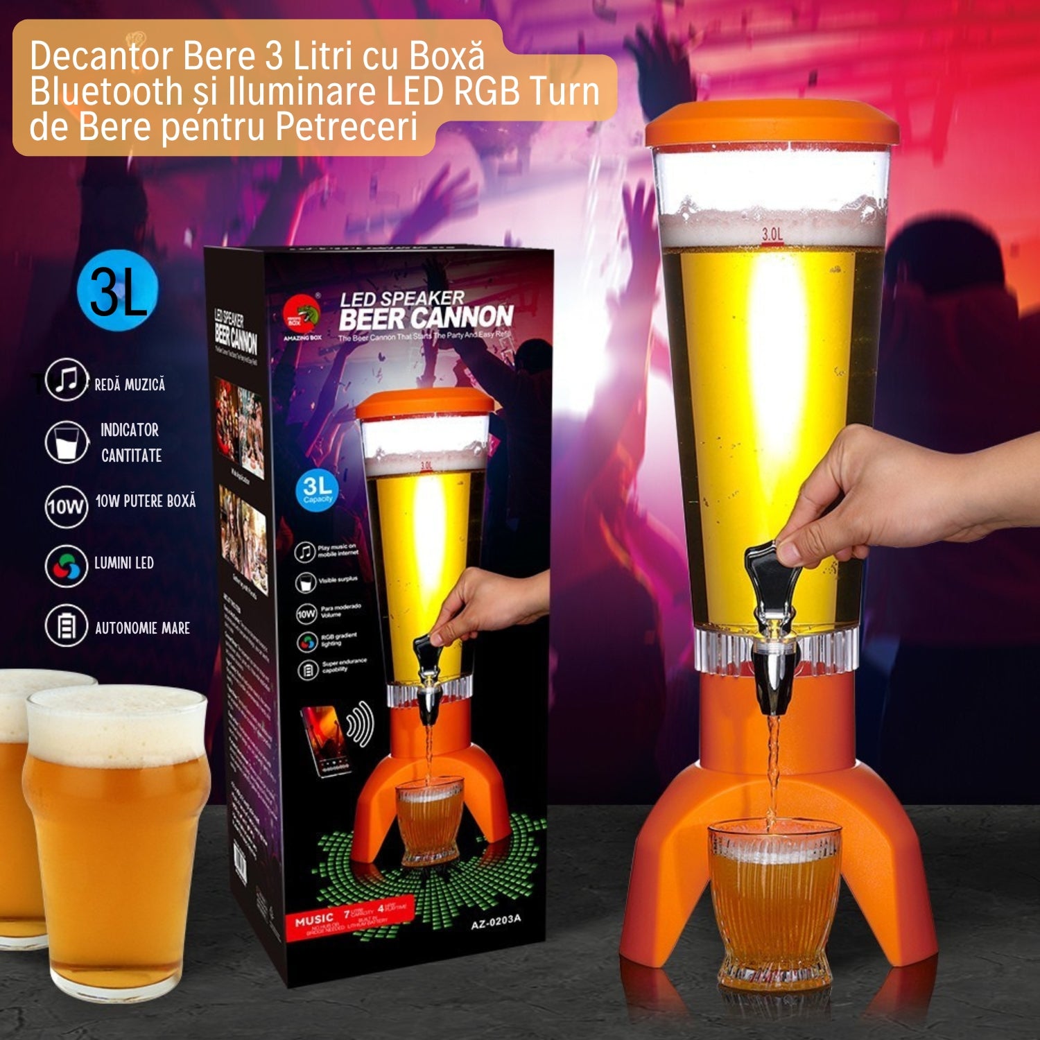 Decantor Bere 3L cu Boxă Bluetooth și Iluminare LED RGB - Turn Bere pentru Petreceri