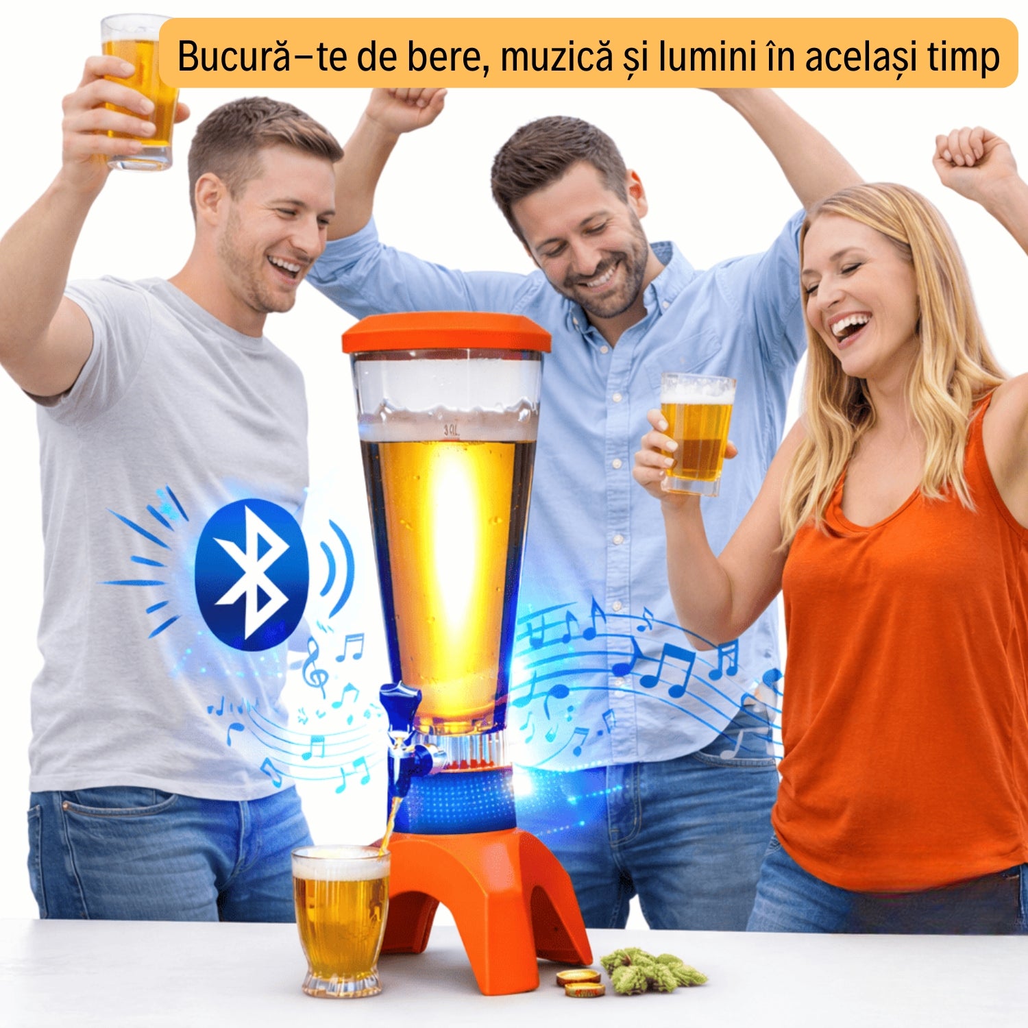 Decantor Bere 3L cu Boxă Bluetooth și Iluminare LED RGB - Turn Bere pentru Petreceri