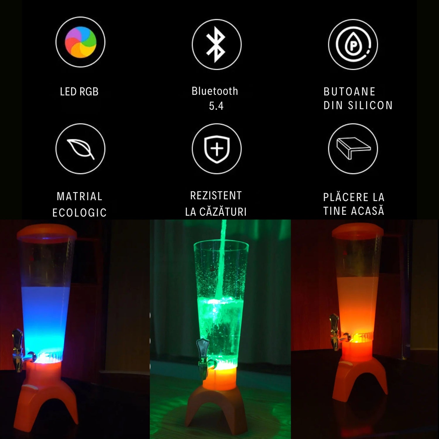 Decantor Bere 3L cu Boxă Bluetooth și Iluminare LED RGB - Turn Bere pentru Petreceri