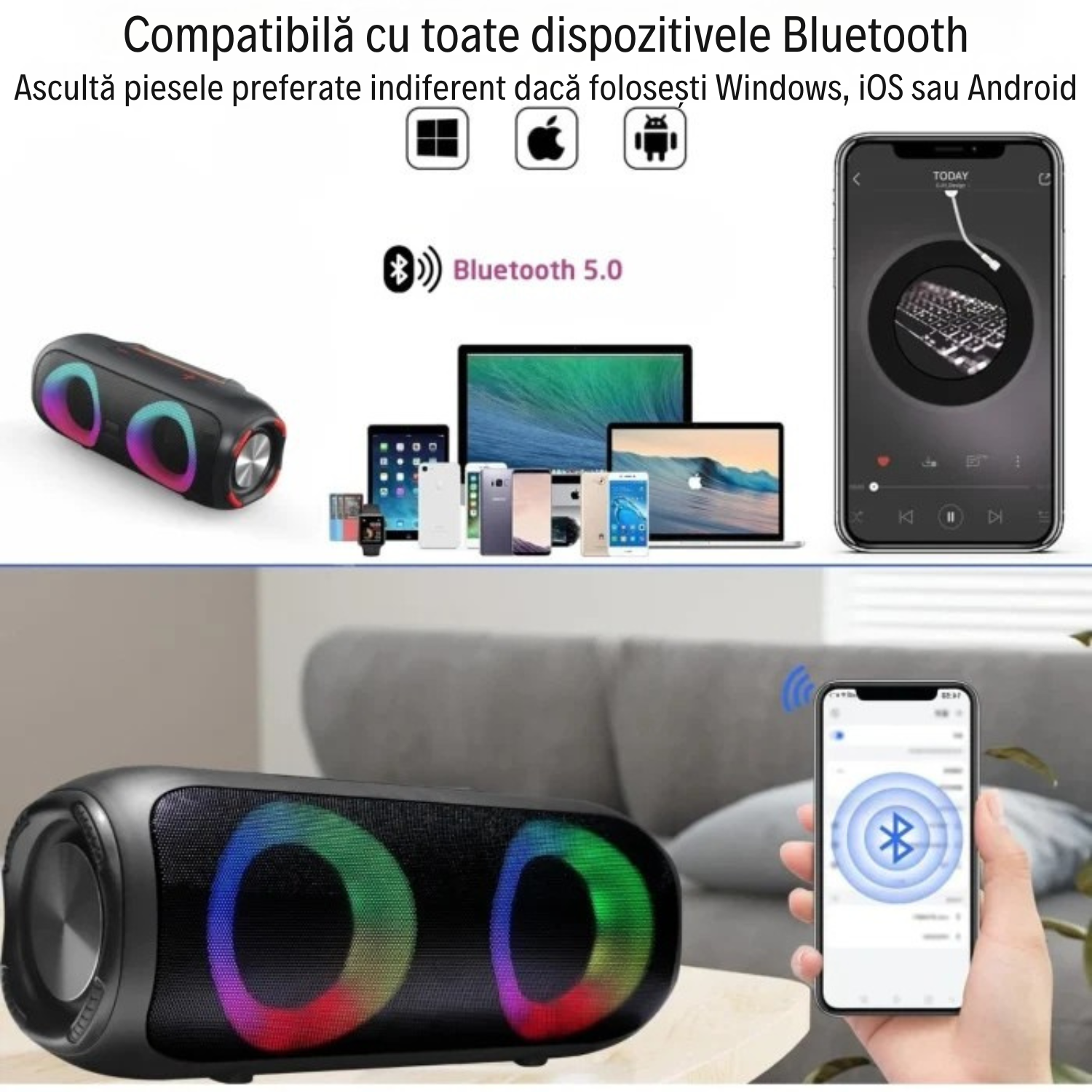 Boxă Portabilă Bluetooth 4000mAH, Lumini RGB Conexiune USB, Auxiliar, Card SD, Radio, 30W