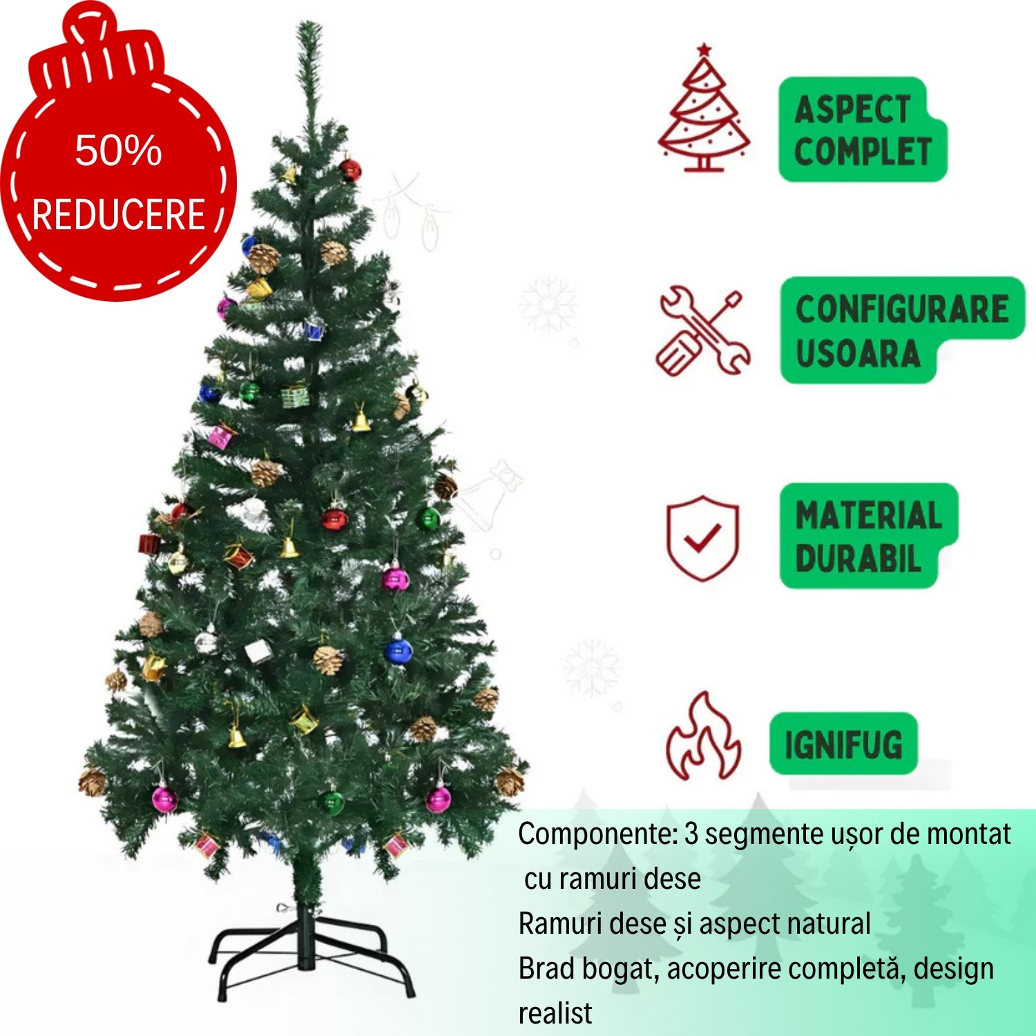 Brad Artificial 1.80m cu 45 Decorațiuni Incluse, Instalație LED 10m, Globuri și Fundițe, Suport Metalic Inclus