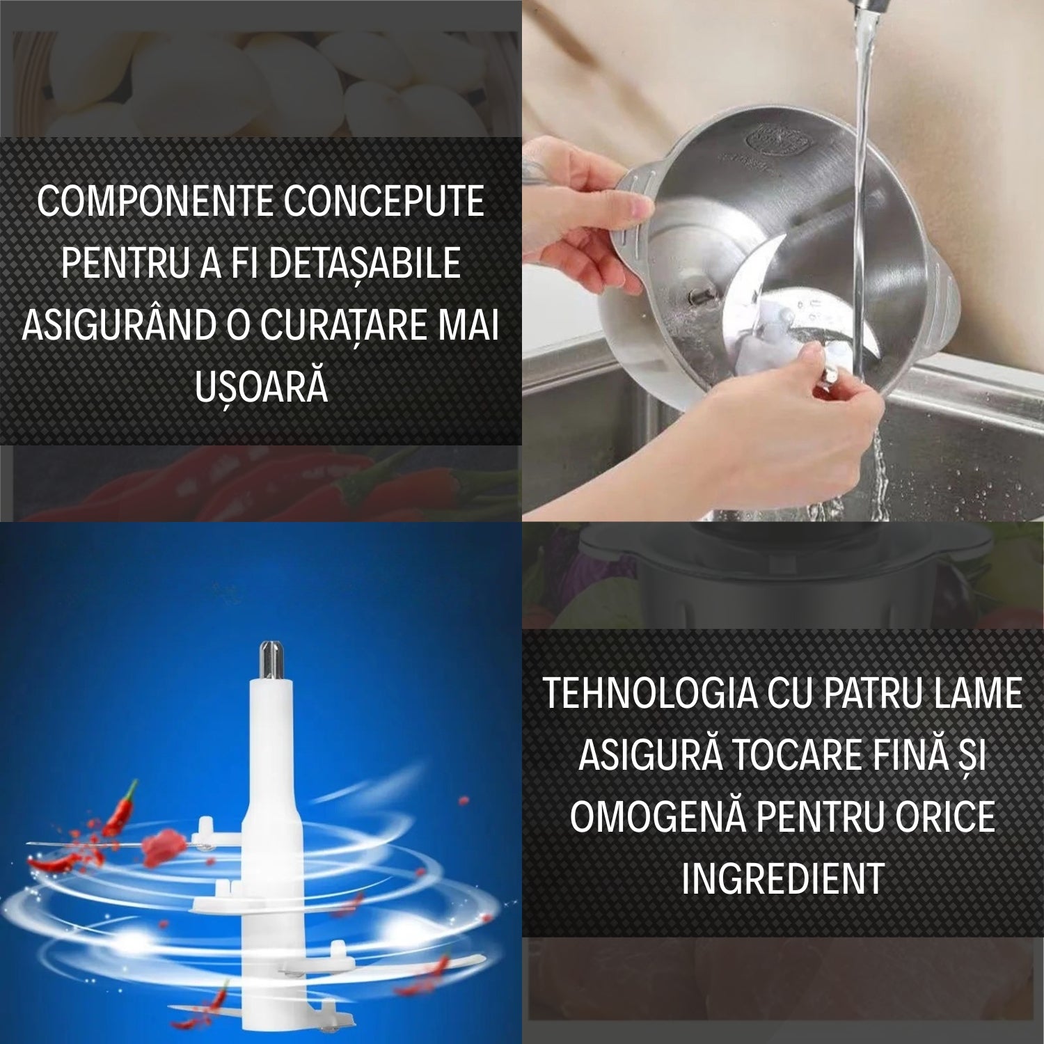 Tocător Profesional 1000 W cu Lame din Oțel Inoxidabil, Bol Inox 3L și 3 Viteze