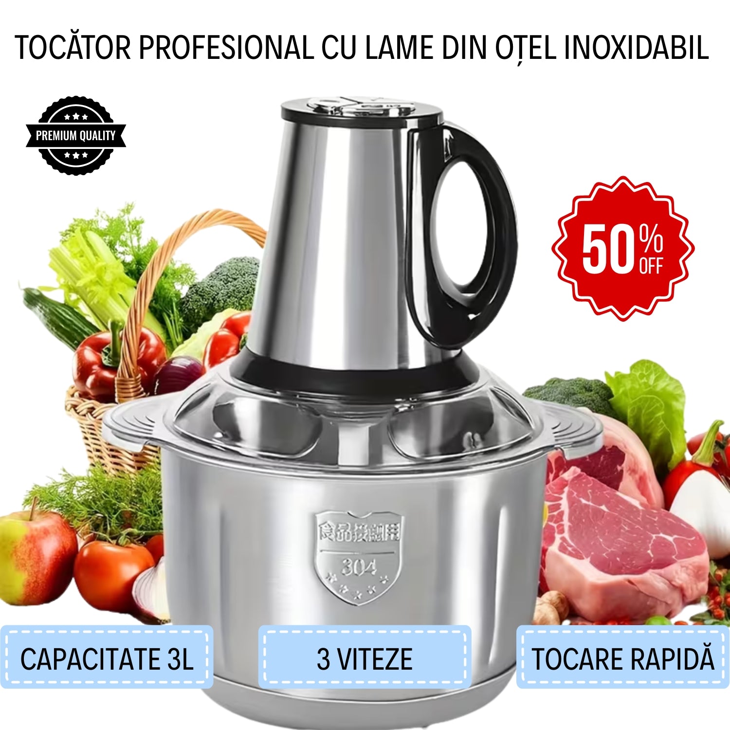 Tocător Profesional 1000 W cu Lame din Oțel Inoxidabil, Bol Inox 3L și 3 Viteze