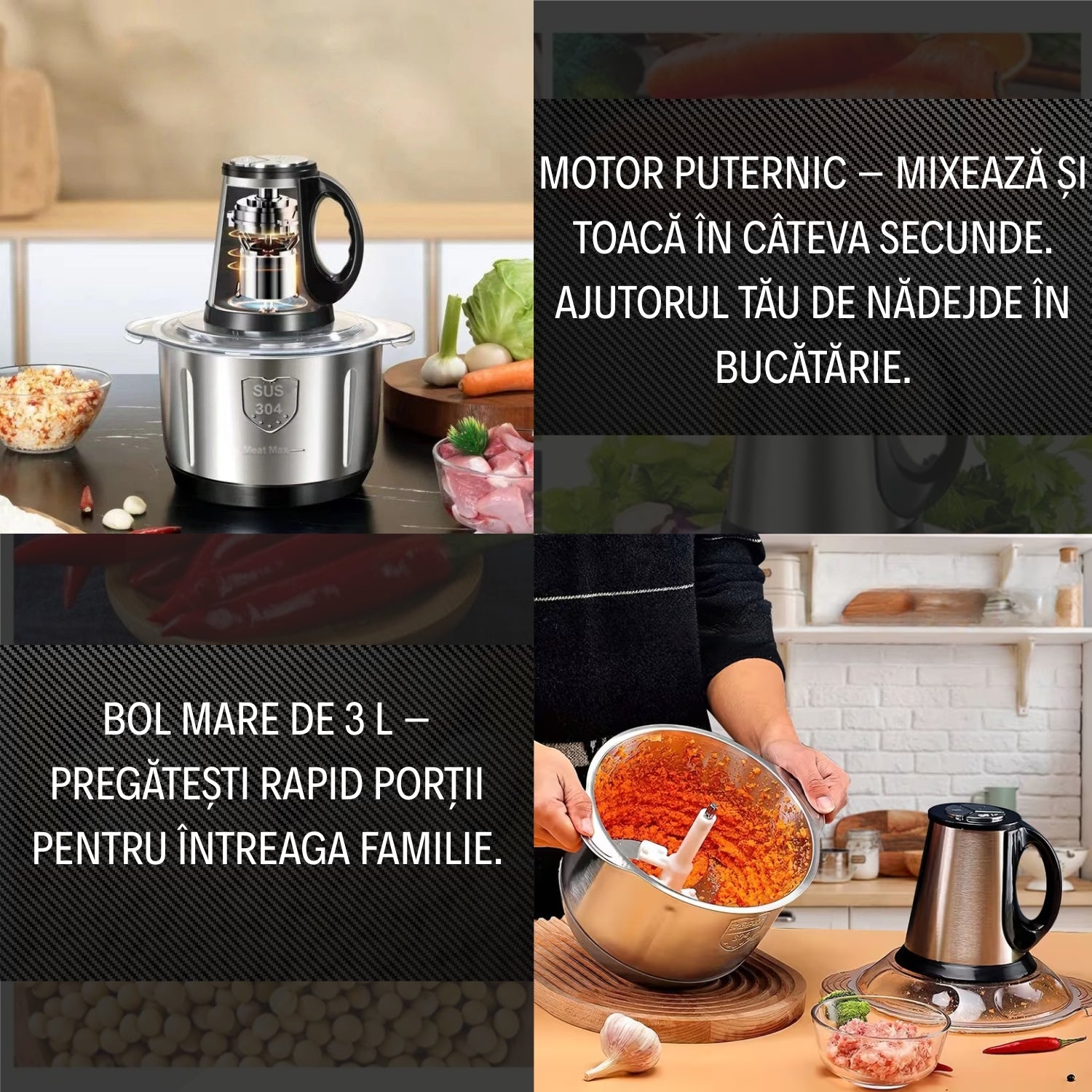 Tocător Profesional 1000 W cu Lame din Oțel Inoxidabil, Bol Inox 3L și 3 Viteze