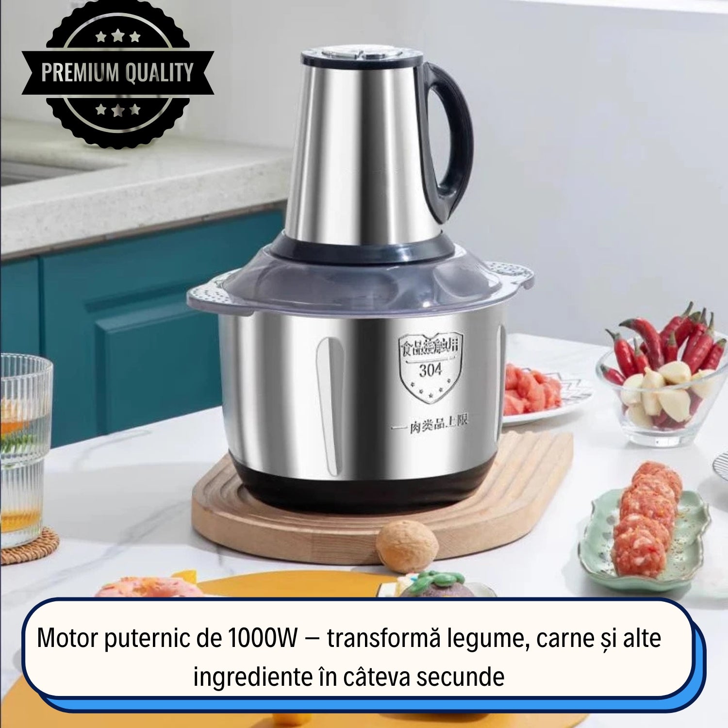 Tocător Profesional 1000 W cu Lame din Oțel Inoxidabil, Bol Inox 3L și 3 Viteze