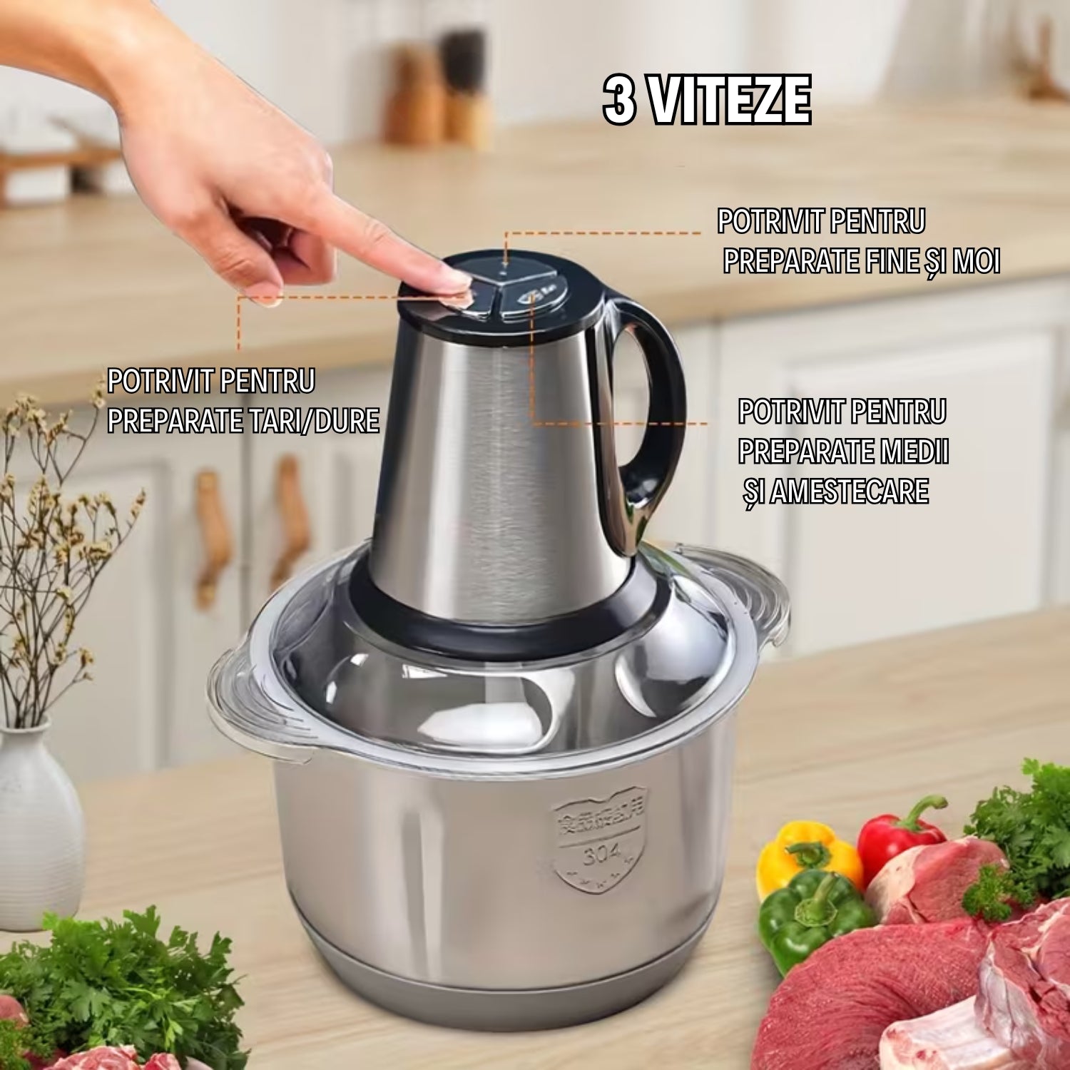 Tocător Profesional 1000 W cu Lame din Oțel Inoxidabil, Bol Inox 3L și 3 Viteze