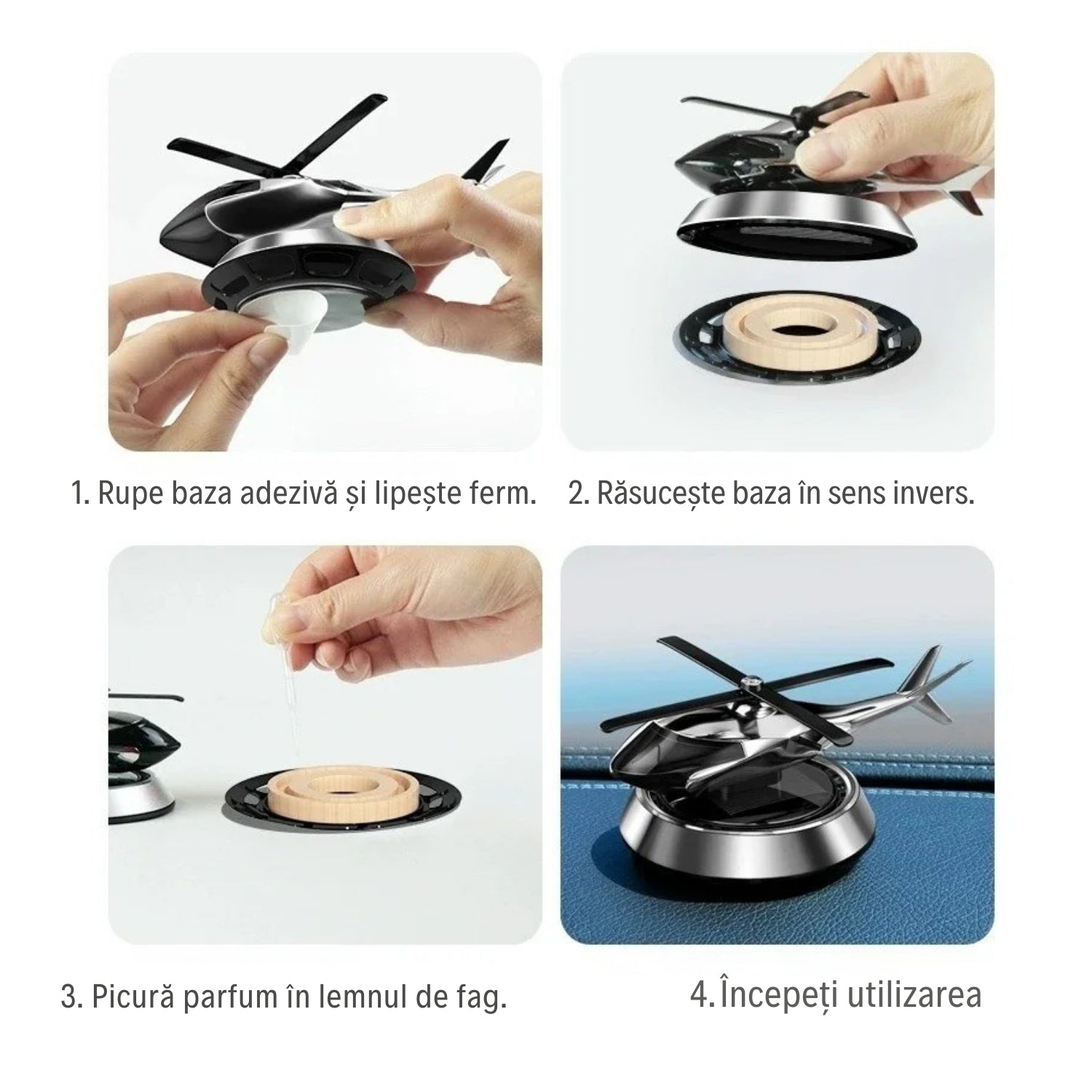 Odorizant Auto Premium în Formă de Elicopter cu Încărcare Solară + Ulei Esențial CADOU