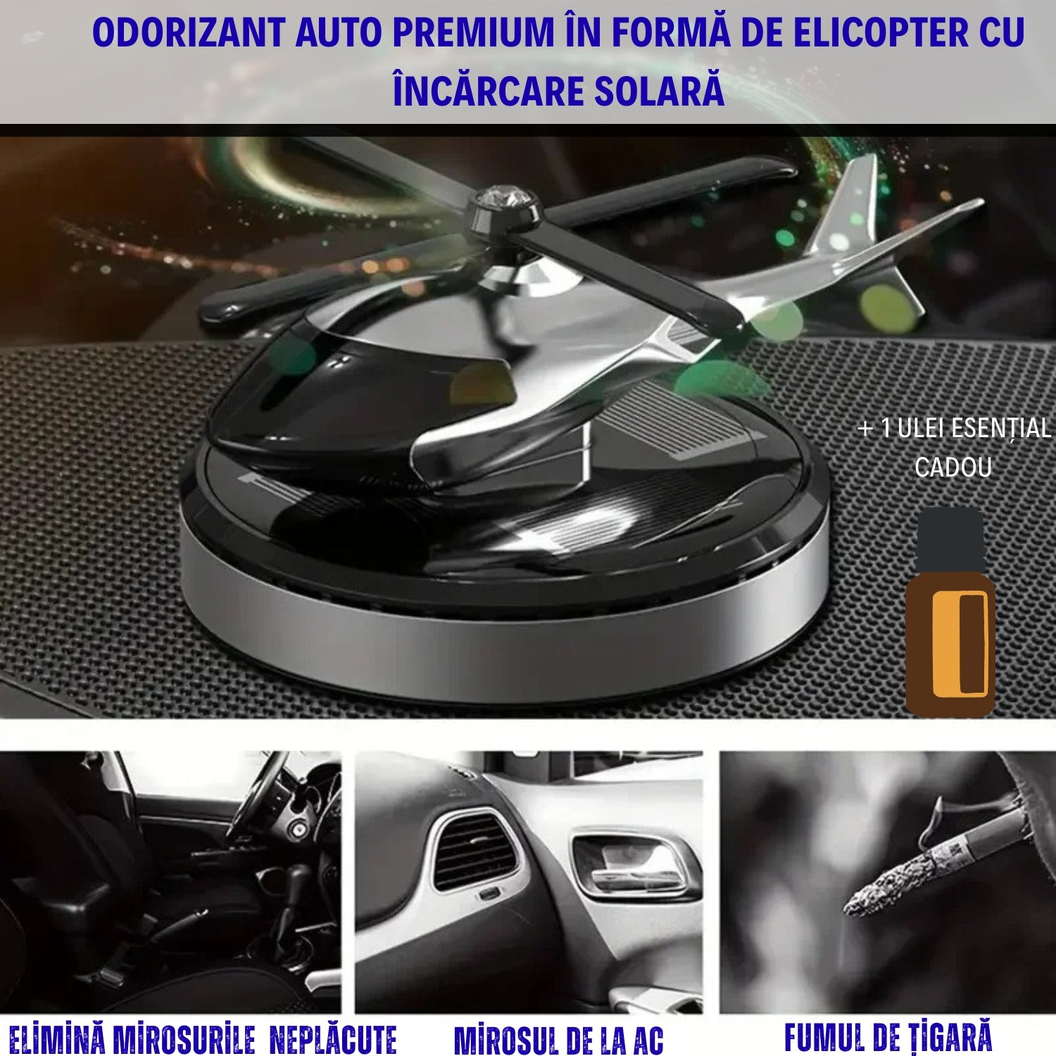 Odorizant Auto Premium în Formă de Elicopter cu Încărcare Solară + Ulei Esențial CADOU