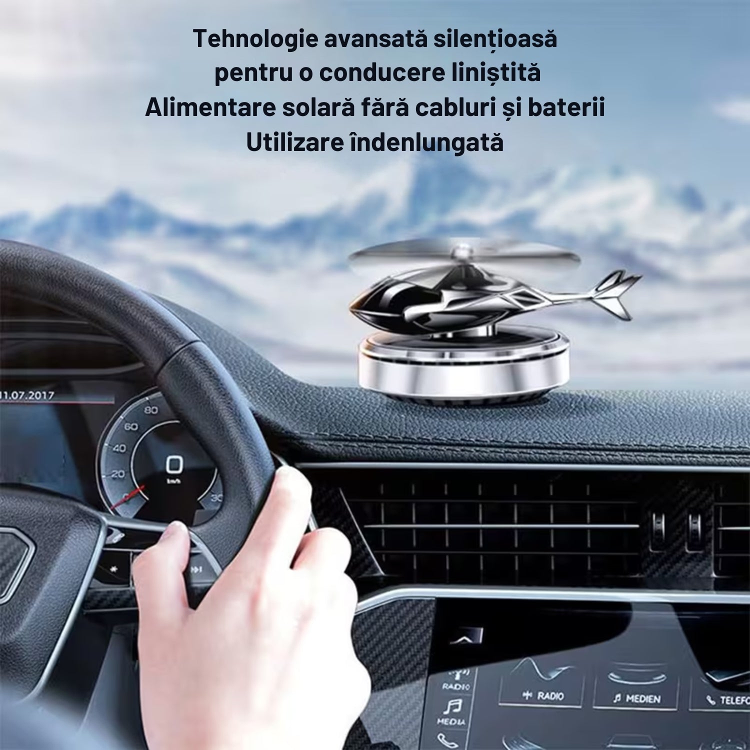 Odorizant Auto Premium în Formă de Elicopter cu Încărcare Solară + Ulei Esențial CADOU
