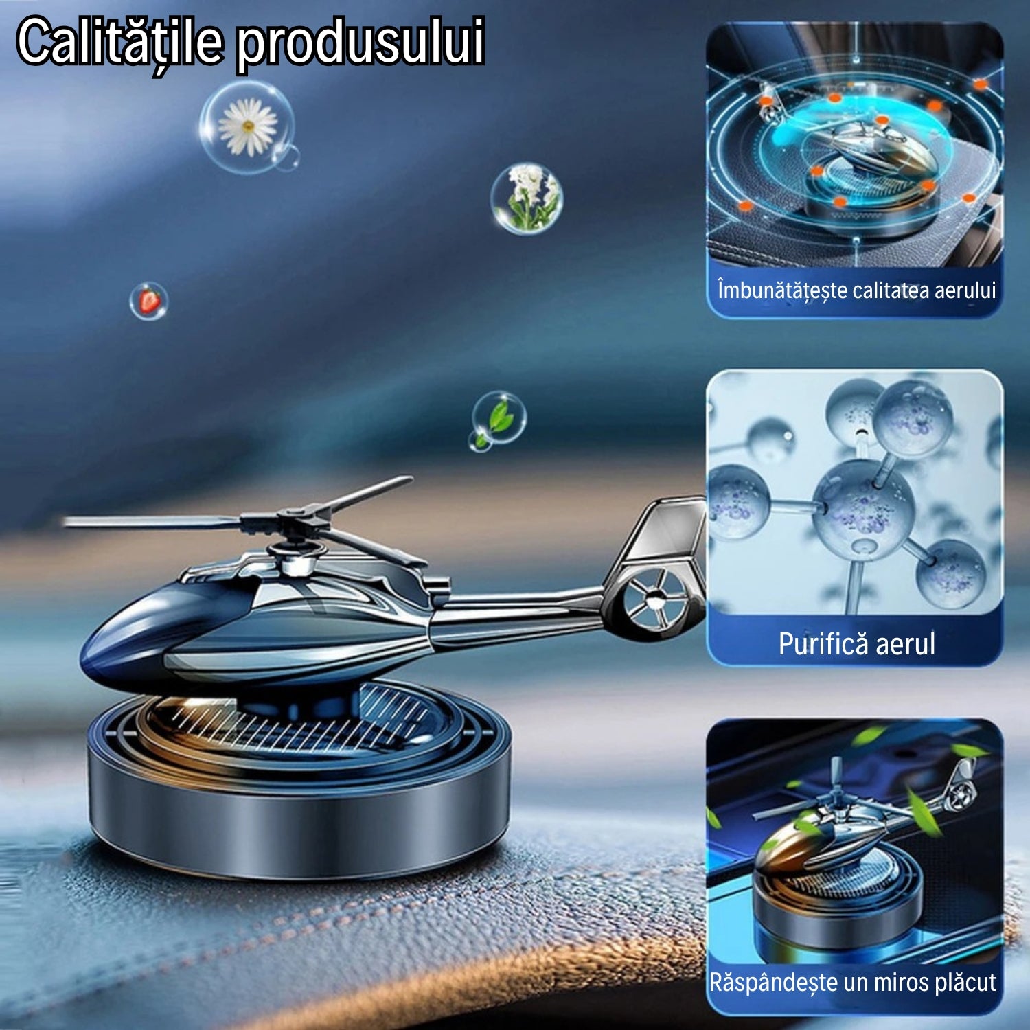 Odorizant Auto Premium în Formă de Elicopter cu Încărcare Solară + Ulei Esențial CADOU