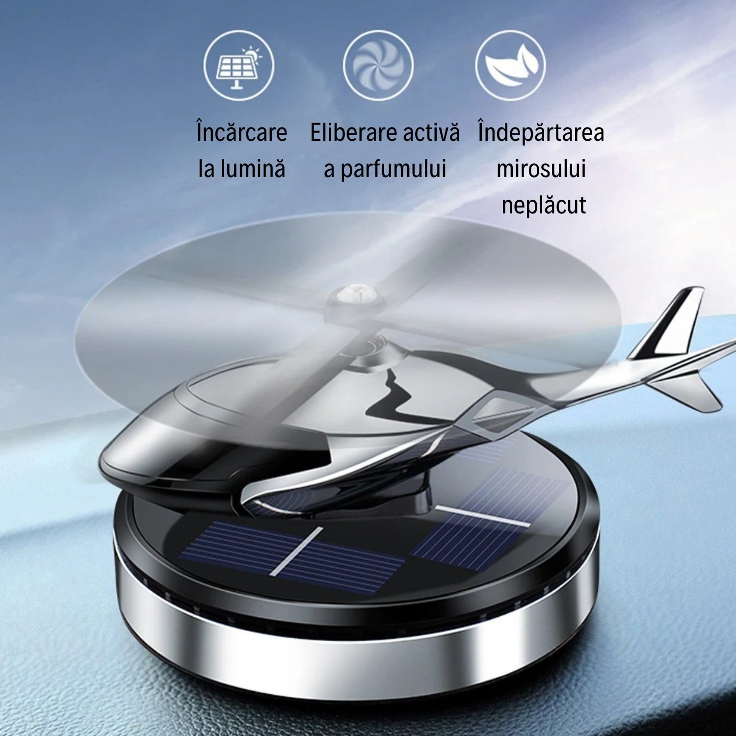Odorizant Auto Premium în Formă de Elicopter cu Încărcare Solară + Ulei Esențial CADOU