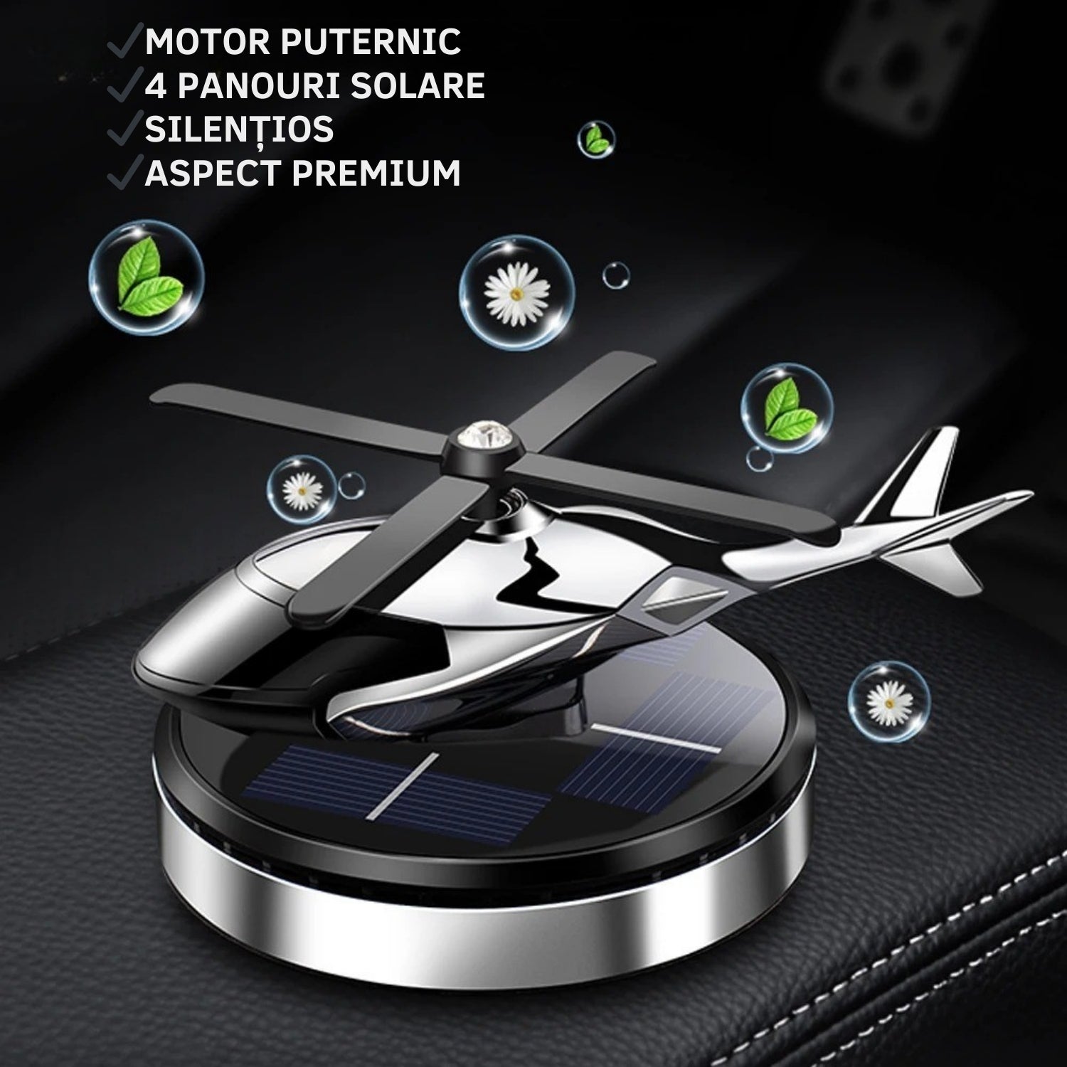Odorizant Auto Premium în Formă de Elicopter cu Încărcare Solară + Ulei Esențial CADOU