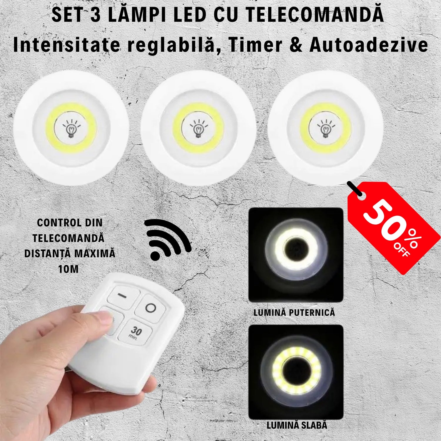 Set 3 Lămpi LED cu Telecomandă - Intensitate reglabilă, Timer & Autoadezive