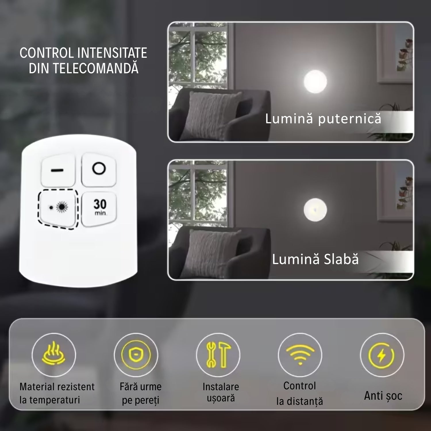 Set 3 Lămpi LED cu Telecomandă - Intensitate reglabilă, Timer & Autoadezive