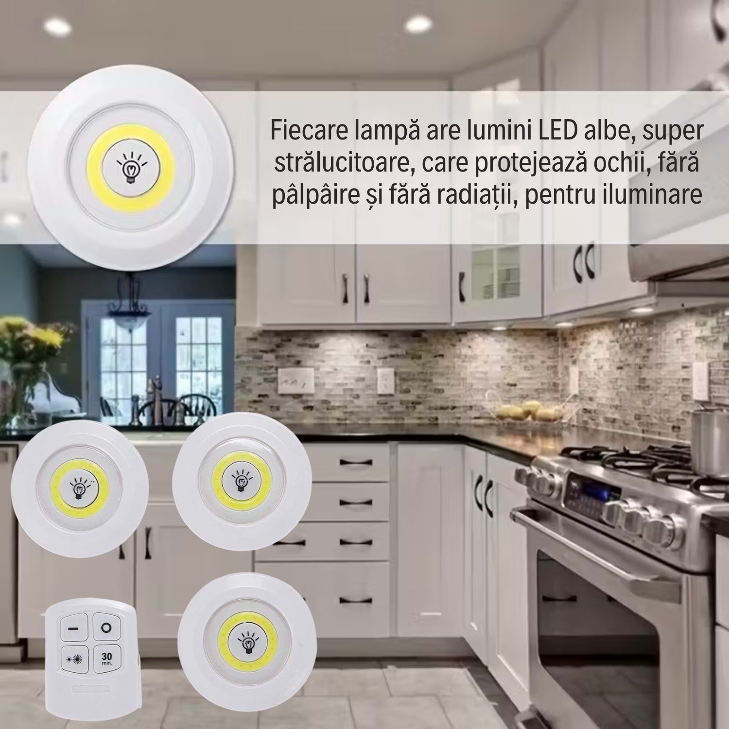 Set 3 Lămpi LED cu Telecomandă - Intensitate reglabilă, Timer & Autoadezive