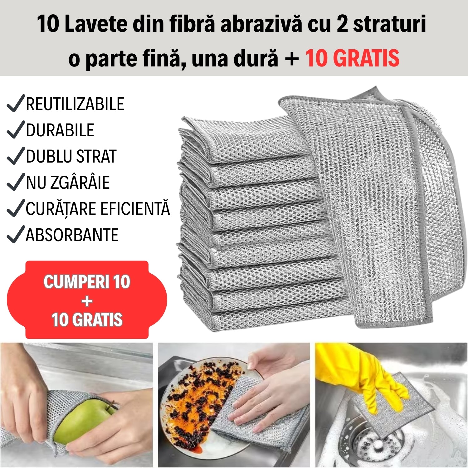 10 + 10 GRATIS Lavete Universale din Fibră Abrazivă cu 2 straturi - o parte fină, una dură