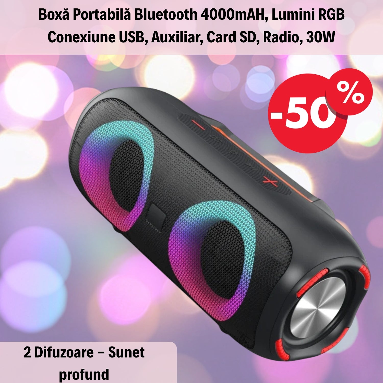 Boxă Portabilă Bluetooth 4000mAH, Lumini RGB Conexiune USB, Auxiliar, Card SD, Radio, 30W