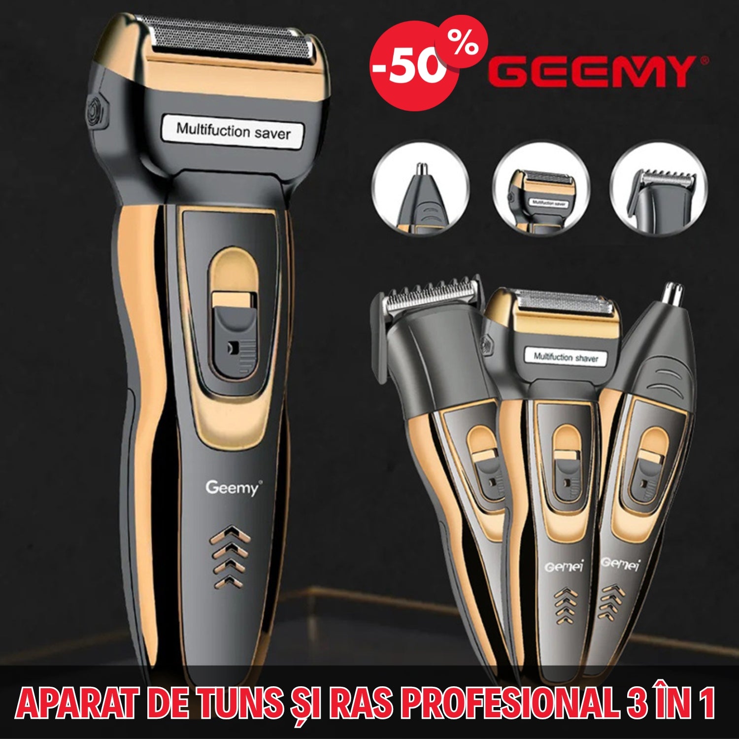 Aparat de Tuns și Ras Profesional 3 în 1 – Trimmer Precizie, Shaver și Cap pentru Părul din Nas