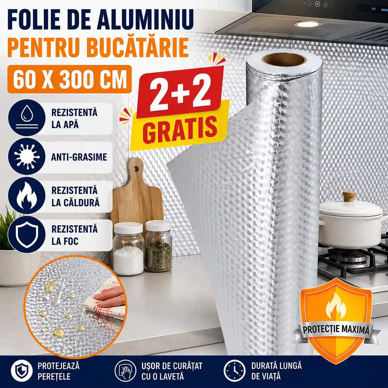 2+2 GRATIS! Rezistă la apă, căldură, pete și foc! Folie Autoadezivă din Aluminiu 60 × 300 cm