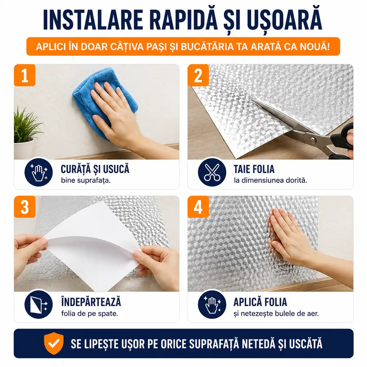 2+2 GRATIS! Rezistă la apă, căldură, pete și foc! Folie Autoadezivă din Aluminiu 60 × 300 cm