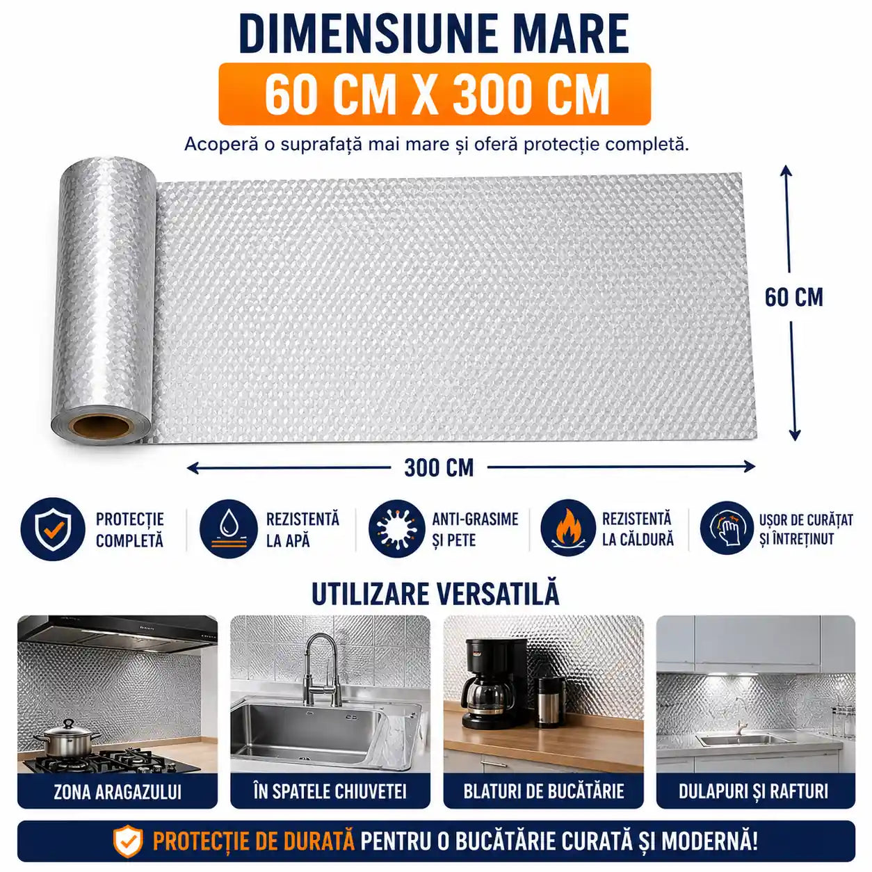 2+2 GRATIS! Rezistă la apă, căldură, pete și foc! Folie Autoadezivă din Aluminiu 60 × 300 cm