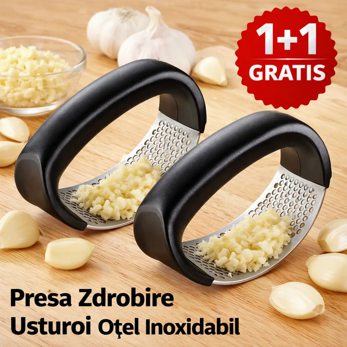 1+1 GRATIS! Presă Zdrobire Usturoi Oțel Inoxidabil - Simplu și Rapid
