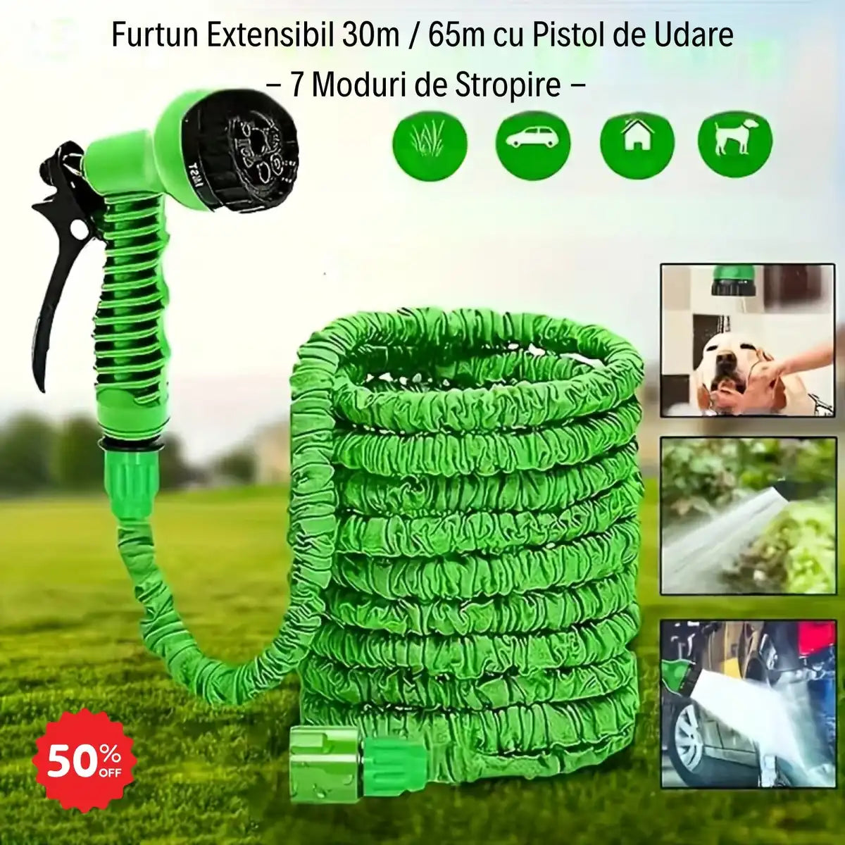 Furtun extensibil 30m sau 65m cu Pistol de Udare - 7 Moduri de Stropire -