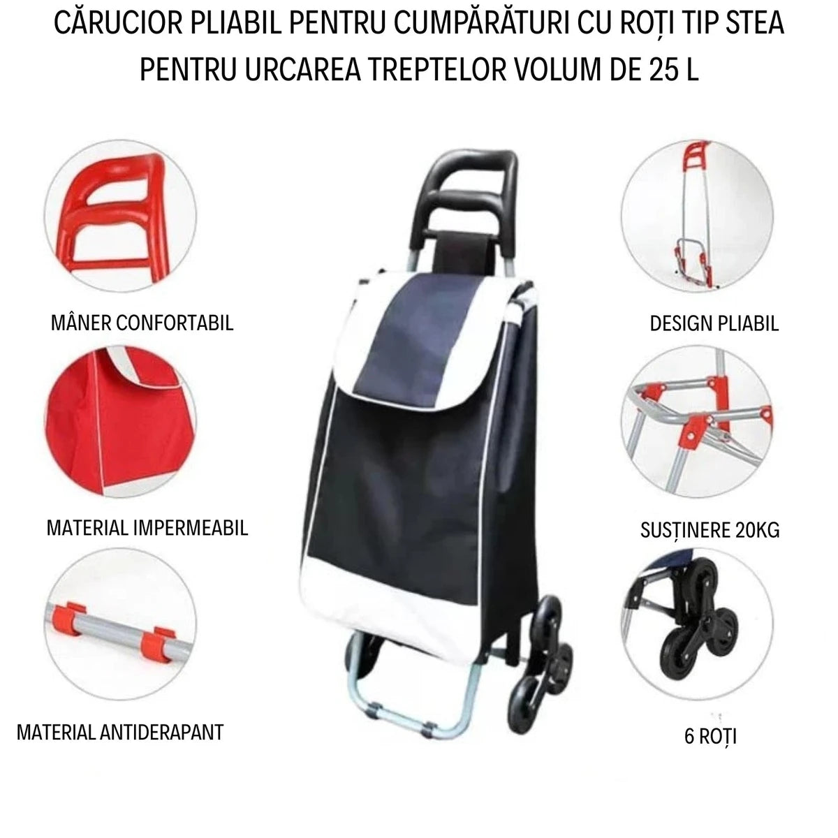 Cărucior Pliabil pentru Cumpărături cu Roți tip Stea pentru Urcarea Treptelor - Volum 25L