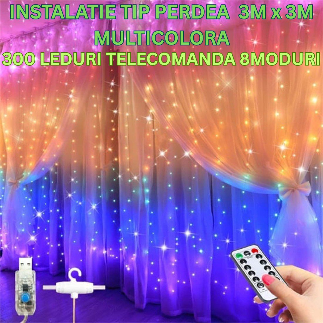 Instalație tip perdea LED 3M x 3M - MULTICOLORĂ, 300 LED-uri, Telecomandă, 8 Moduri